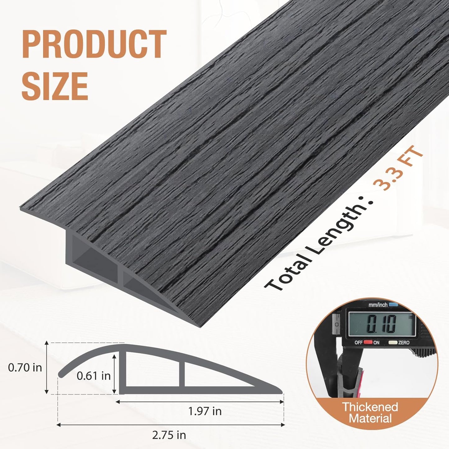 Floor Transition Strip Self Adhesive Vinyl Door Threshold for Doorways Carpet Edging Trim Overlap Edge Reducer for Laminate Floor, Carpet, Tile (Deep Gray Wood Grain, 2/5" to 3/5", 3.3Ft)