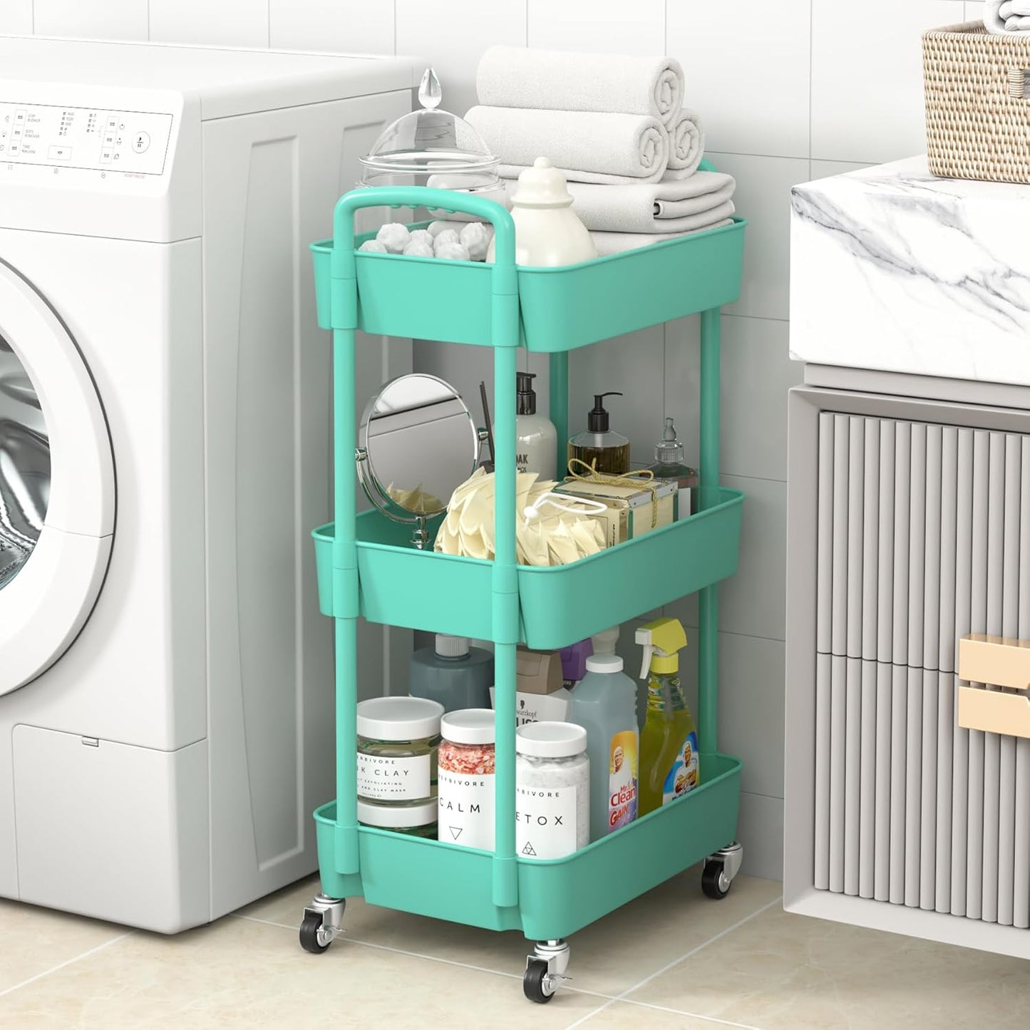 Sywhitta 3-Tier Plastic Rolling Utility Cart with Handle, Multi-Functional Storage Trolley for Office, Living Room, Kitchen, Movable Storage Organizer with Wheels, Green