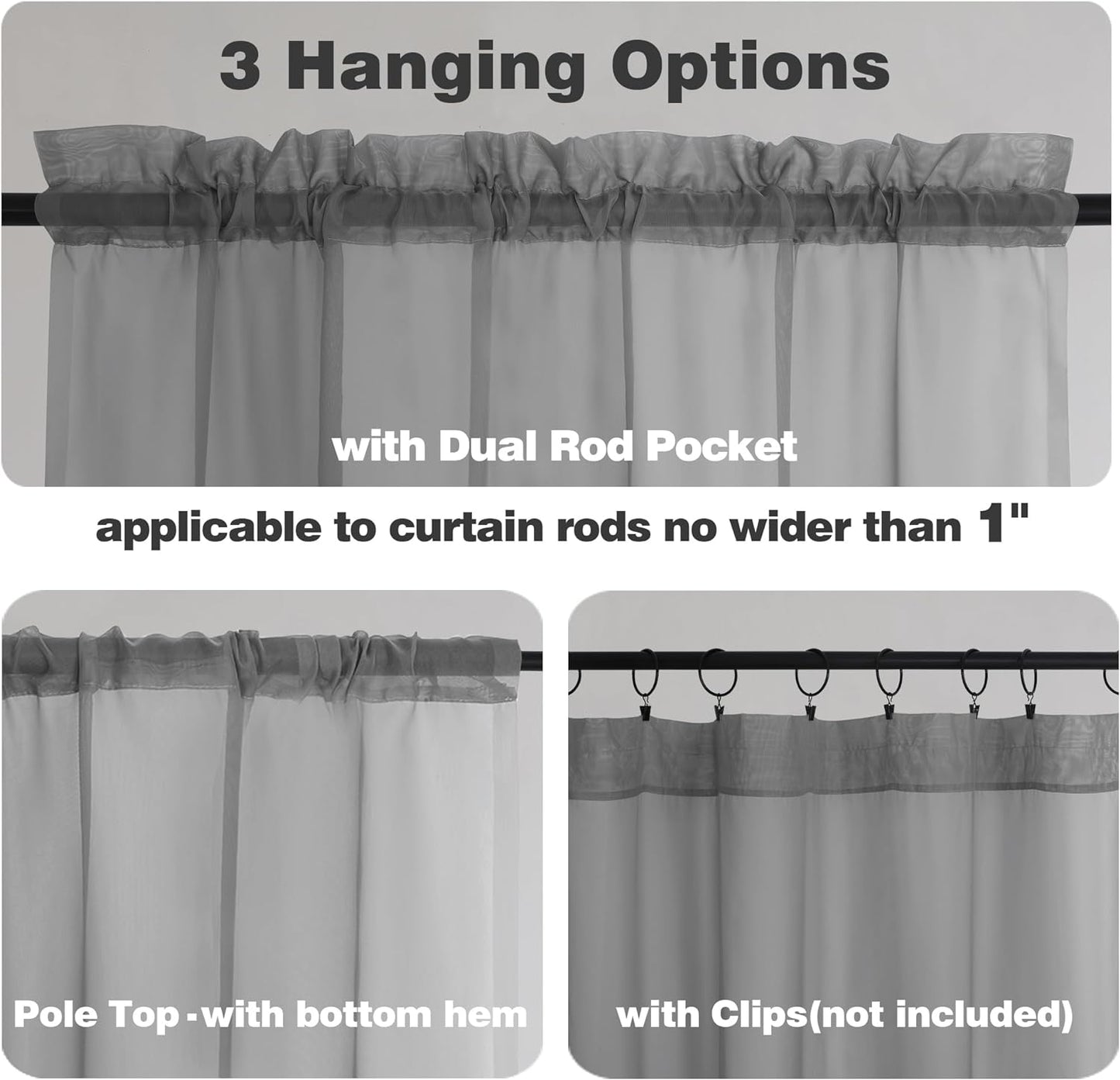 Chyhomenyc Sheer Curtains Tiers 42W x 24L Inches, Light Filtering Small Curtains, Short Bathroom Living Room Cafe Basement Voile Window Curtain, Rod Pocket, 2PCS, Charcoal Grey