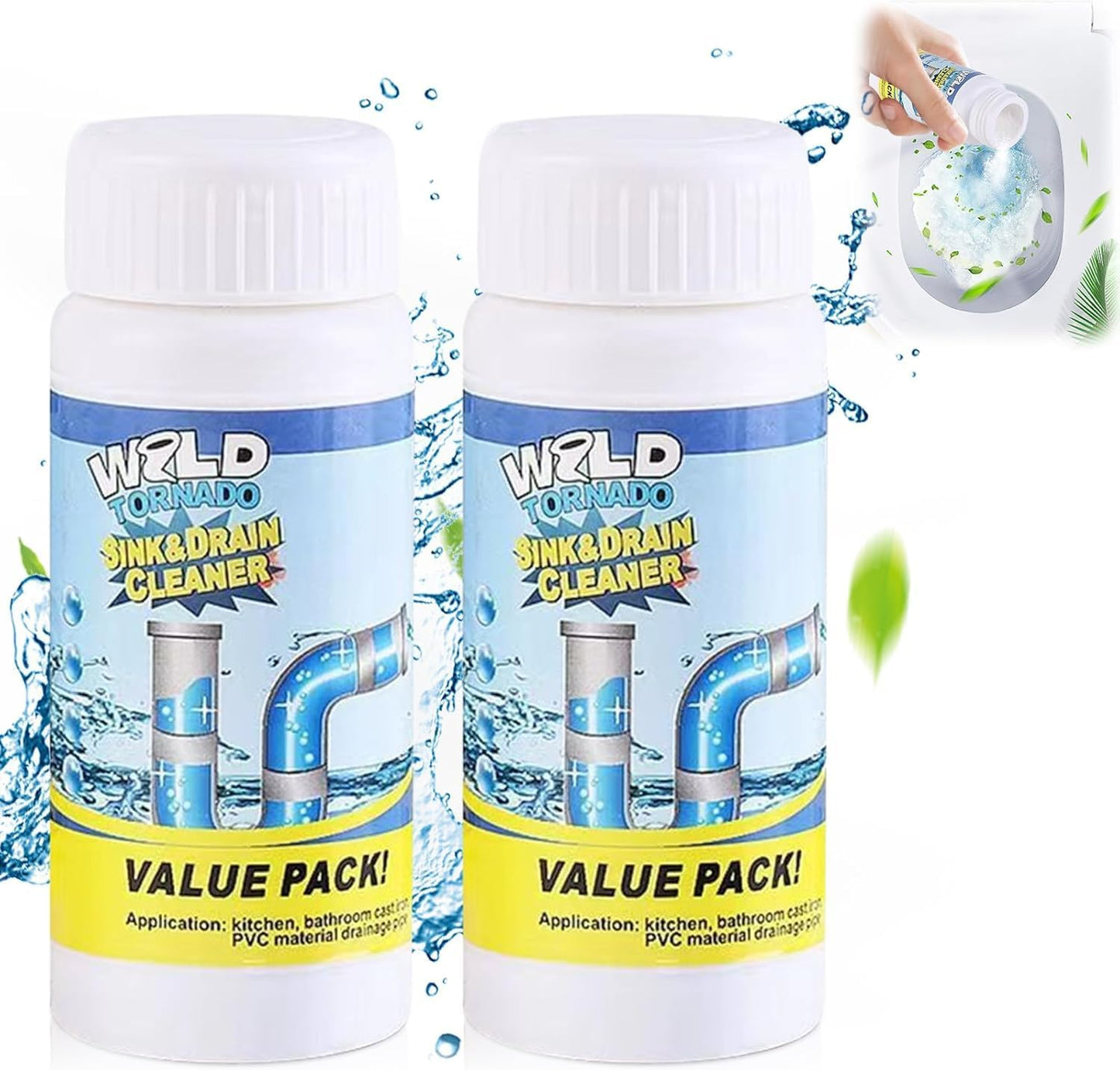 Wild Tornado Pipe Dredge,Powerful Sink Cleaner Powder Fast Foaming for Kitchen Toilet Pipeline Quick Cleaning Tool（2pcs）
