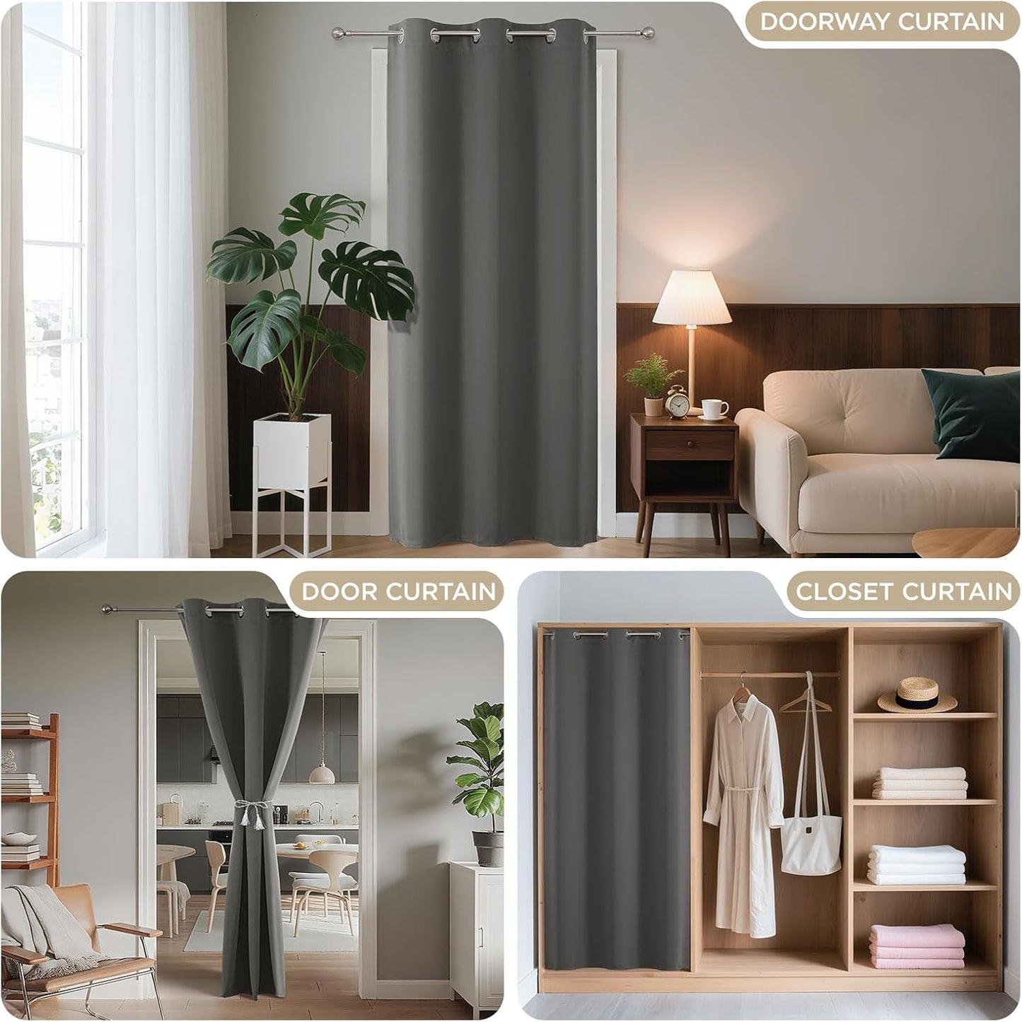 Joydeco Blackout Door Curtain for Doorway Privacy 84 Inches Long, Grommet Closet Curtain for Open Closet, Room Divider for Bedroom Living Room (Light Grey, 52Wx84L, 1 Panel)