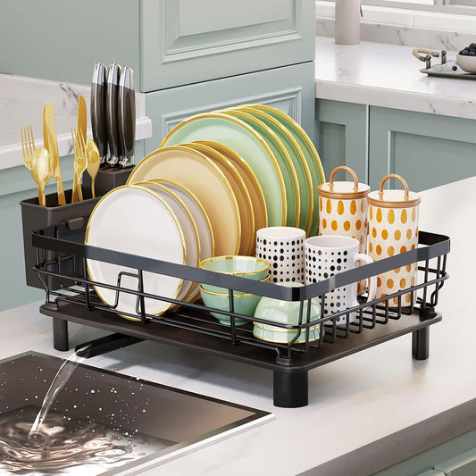 Iron Dish Drying Rack with Drainboard Dish Drainers for Kitchen Counter Extendable Spout Strainers with Utensil Holder and Knife Slots, Black