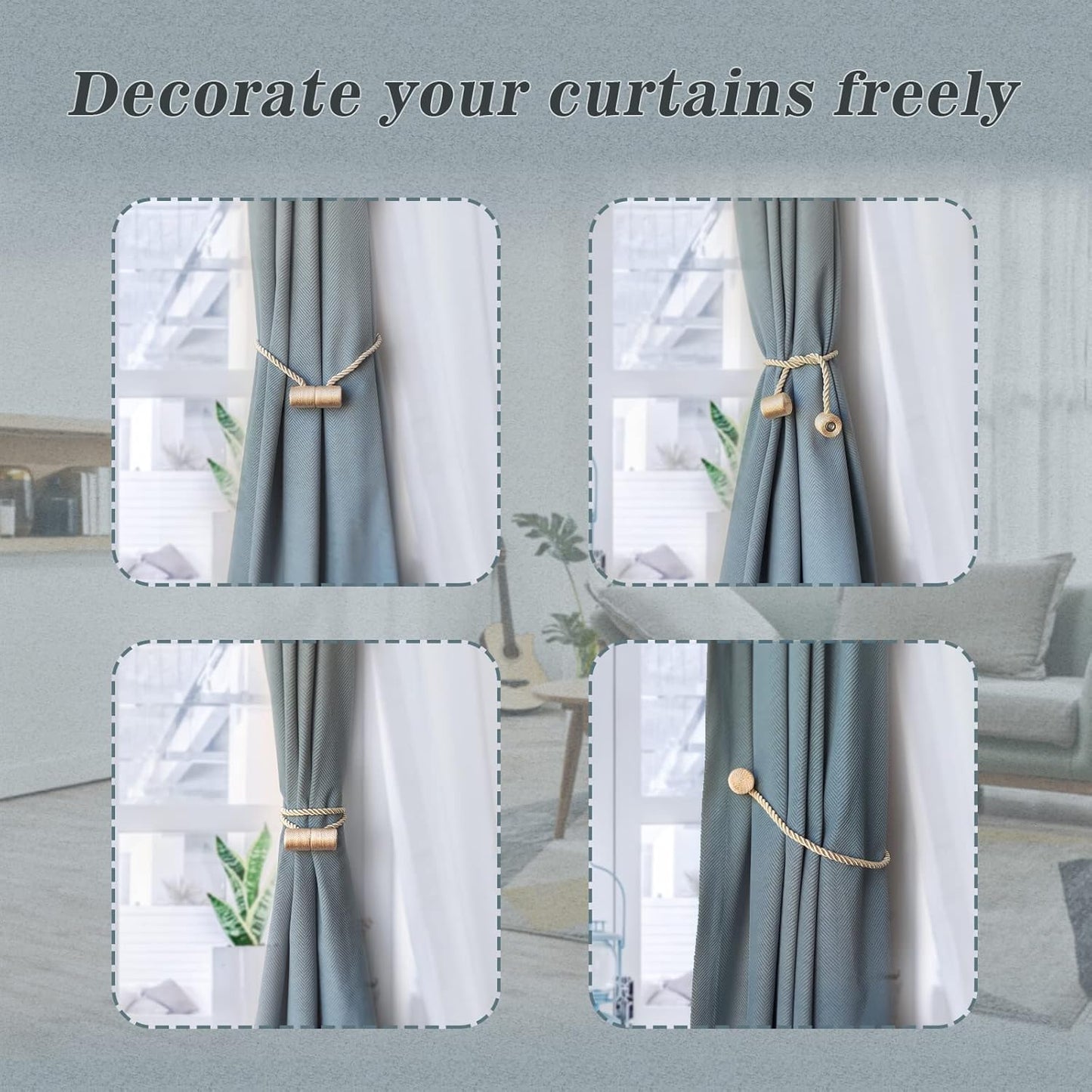 Hion Magnetic Curtain Tiebacks Beige 4 Pack, Curtain Tiebacks Buckles Holdbacks Holders Hooks Clip for Home Bedroom Office