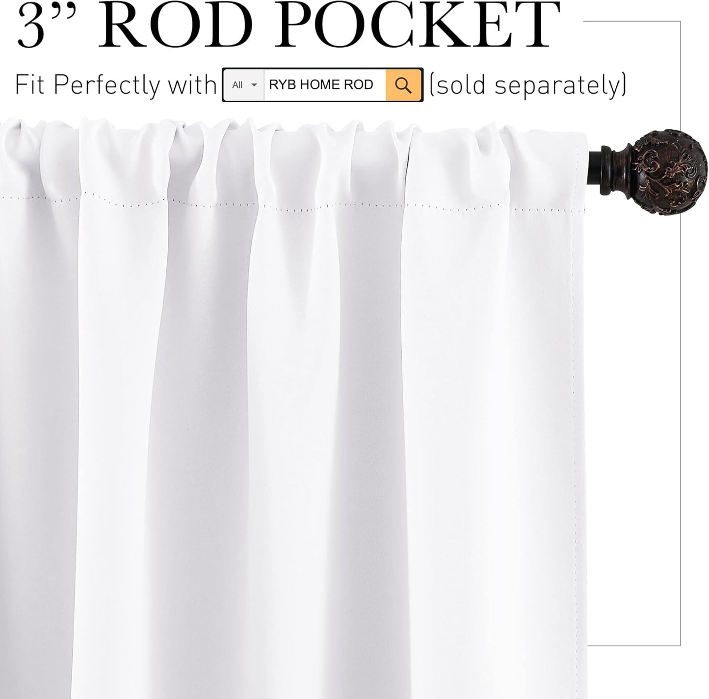RYB HOME Room Darkening Thermal Insulated Curtains 50% Light Block Curtains Windows Dressing Privacy Protect for Bathroom Kids Nursery, Wide 42 x Long 54 inch, Pure White, 1 Pair