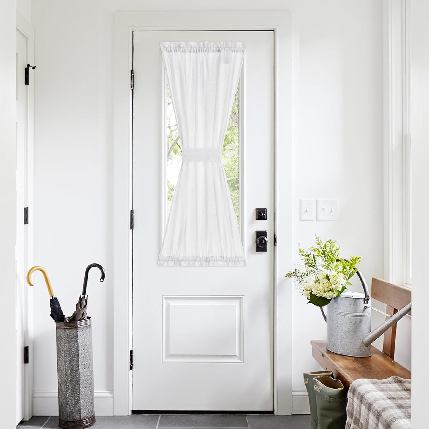 NICETOWN Sheer Door Curtain for Windows, Light Filgtering French Door Curtain Self Adhesive Window Blind for Patio Sidelight Cover Tie Up Shade, W26 x L50 in, 1 Panel, Pure White