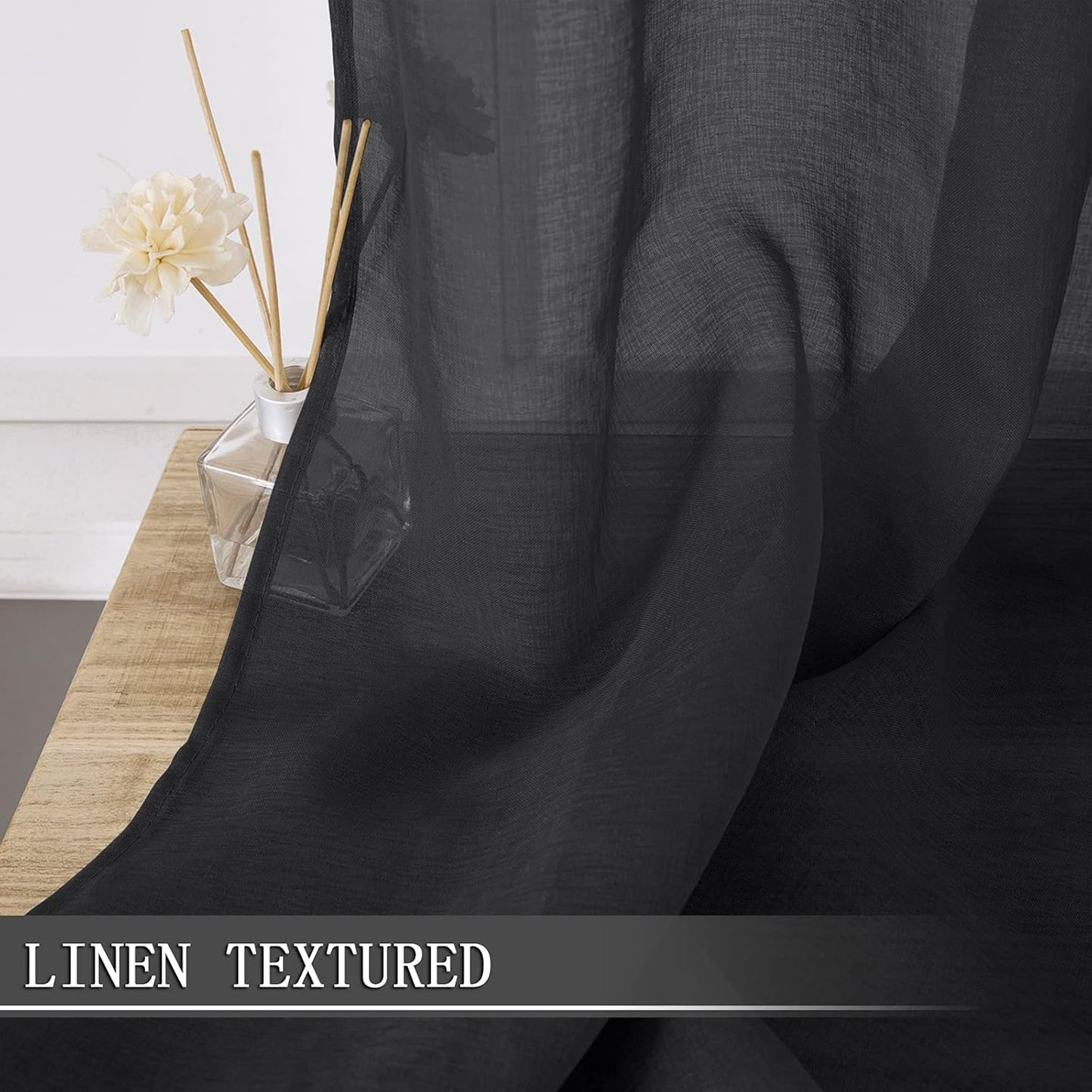 Tollpiz Short Sheer Curtains Linen Textured Bedroom Curtain Sheers Light Filtering Rod Pocket Voile Curtains for Living Room, 54 x 45 inches Long, Black, Set of 2 Panels