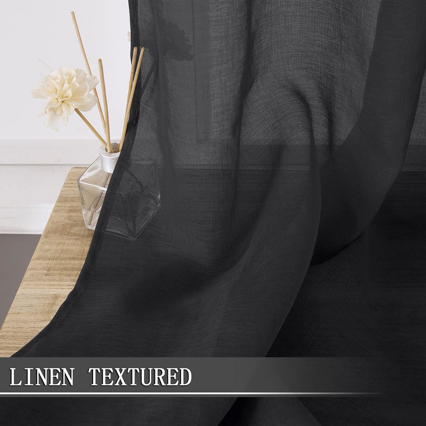 Tollpiz Sheer Curtains Linen Textured Bedroom Curtain Sheers Light Filtering Rod Pocket Voile Curtains for Living Room, 54 x 63 inches Long, Black, Set of 2 Panels