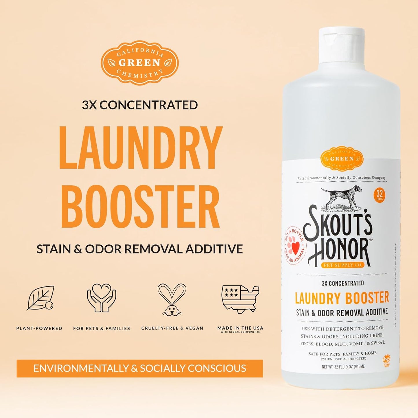 Skout's Honor Laundry Booster Stain & Odor Removal Additive - Plant-Powered Formula for Pet Bedding, Clothing, and Washable Pee Pads - Eco-Friendly & Cruelty-Free, 32 oz