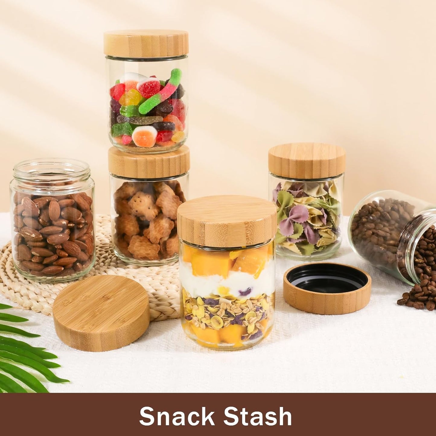 OcePor 6 Pack 16oz Glass Jars with Bamboo Lids, Over Night Oats Container with Airtight Lid, Glass Snack Storage Salad Jars For Food, Yogurt, Sugar and Flour,Coffee Bean, Cookie, Cereal