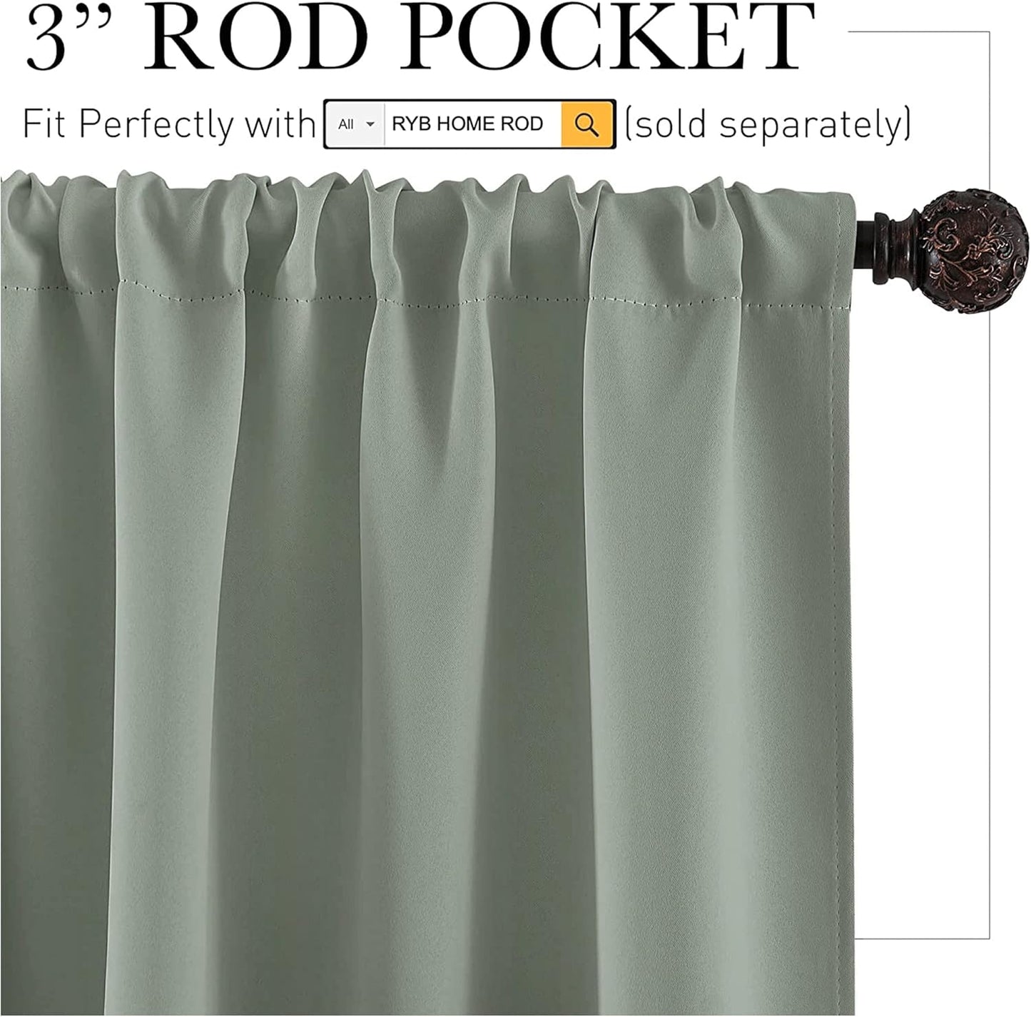 RYB HOME Green Blackout Living Room Curtains - Light Block Energy Efficiency Small Window Treatment Drapes for Kitchen Dining Baby Nursery Farmhouse Decor, W 42 x L 84 inch, Sea Green, 2 Panels