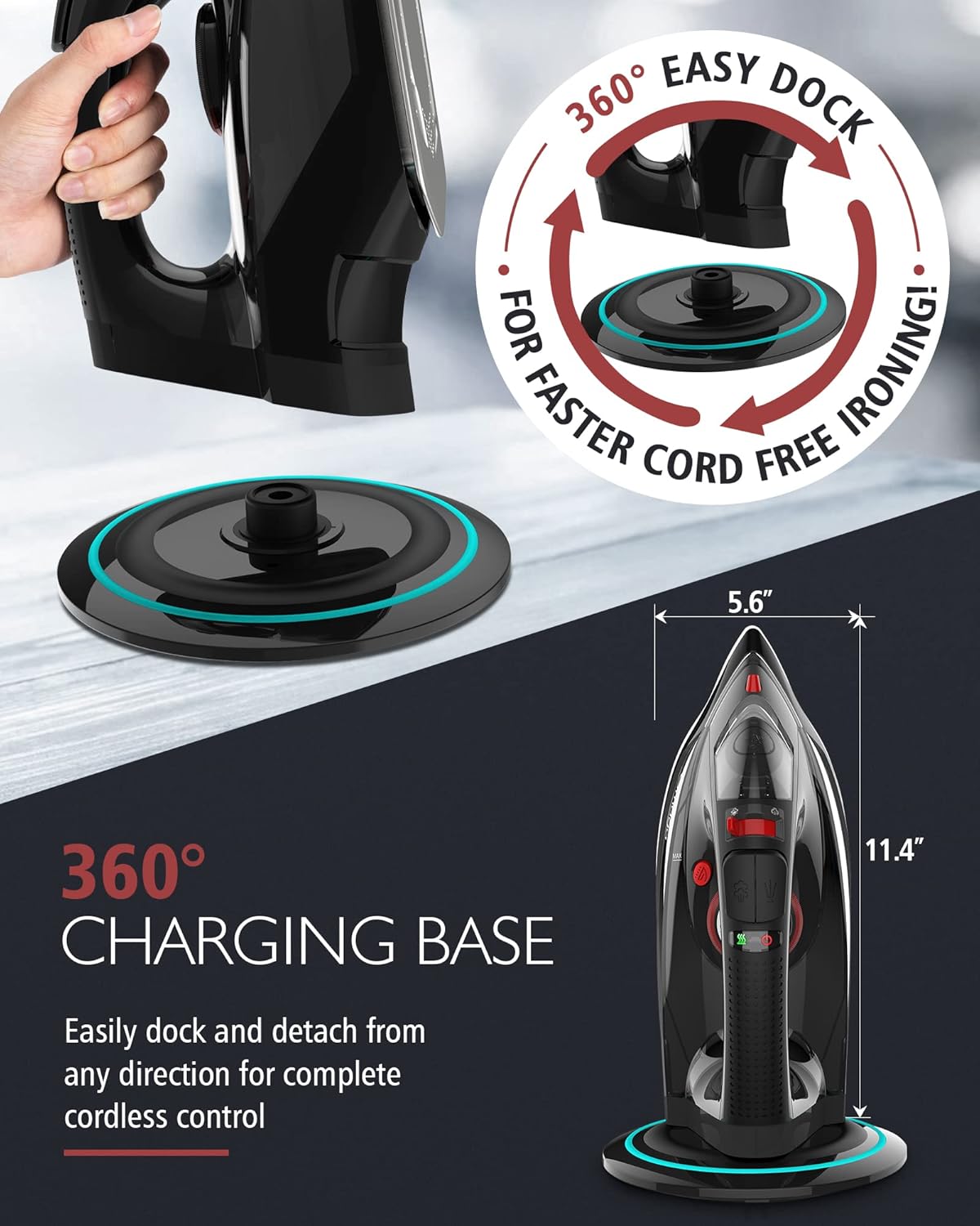 Cordless Iron for Clothes, 1500W Steam Iron Rapid Heating, Non-Stick Ceramic Soleplate, Auto Shut Off, Burst of Steam, Self-Clean, Anti Drip, 3 Temperature Settings, 11.84oz Water Tank, Black