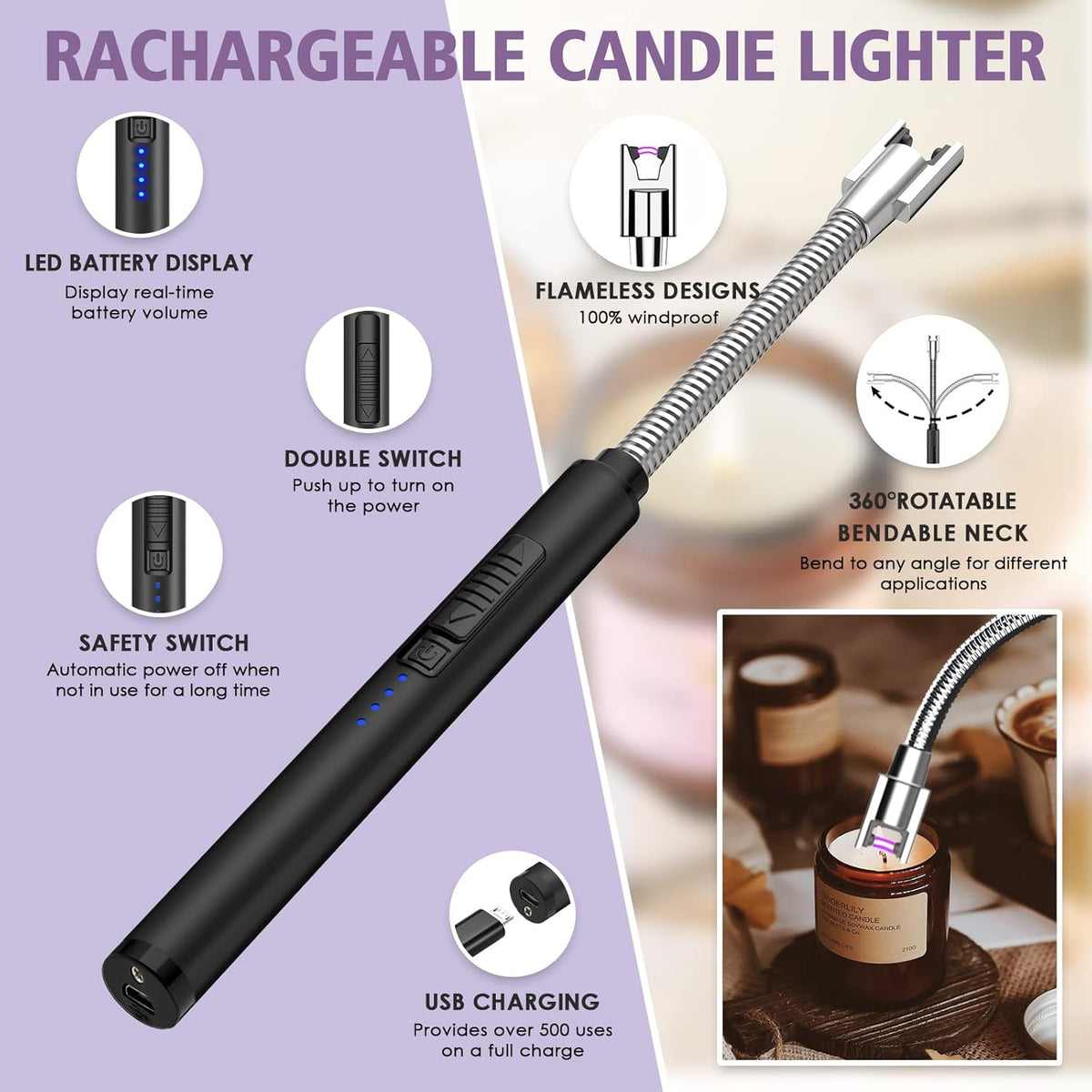 5 in 1 Candle Accessory Set,Candle Wick Trimmer Cutter,Candle Wick Dipper,Candle Wick Snuffer,Rechargeable Candle Lighter,Tweezers,Stainless Steel Candle Care Kit Home Gift for Aromatherapy(Black)