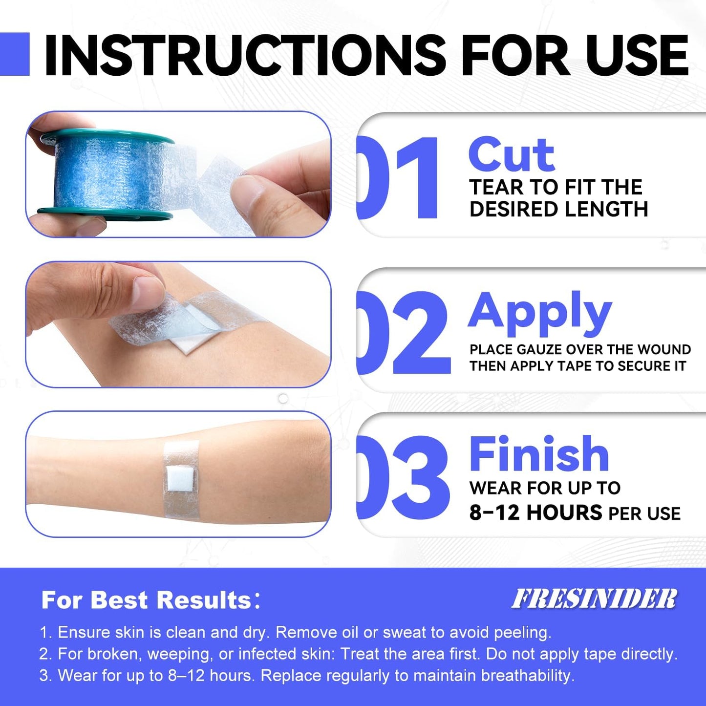 FRESINIDER Silicone Medical Tape – 1" x 1.5 Yard Blue 4 Rolls, Pre-Cut, Waterproof & Repositionable, Pain-Free Removal, Hypoallergenic Adhesive for Sensitive Skin, Wound Care & First Aid Use