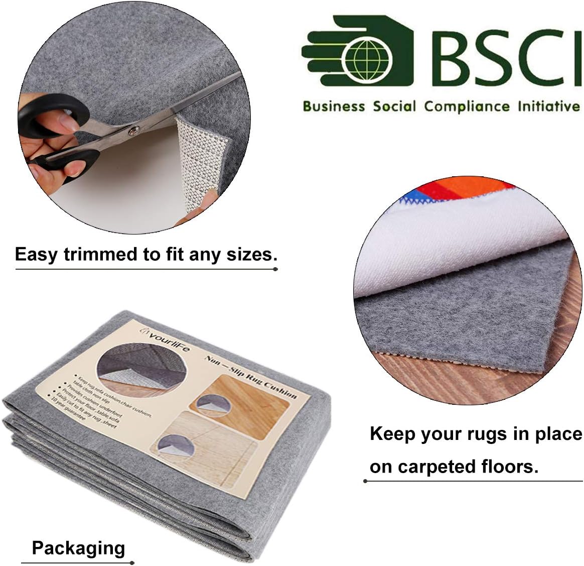 Non Slip Rug Pad Grippers - 5x6, 1/8" Thick, (Felt + Rubber) Double Layers Area Carpet Mat Tap, Provides Protection and Cushioning for Hardwood or Tile Floors