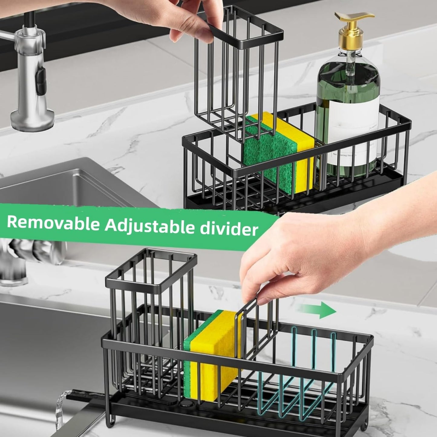 Sponge Holder for Kitchen Sink, Stainless Steel Sink Caddy with Auto Drain Tray, Kitchen Organizer with Towel Brush Holder for Countertop, Soap Dispenser Storage Accessories (Black Large)