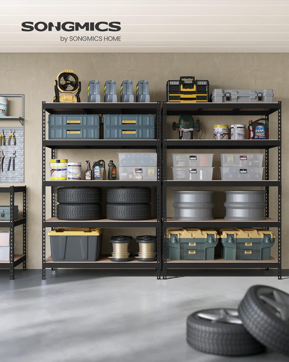 SONGMICS 5-Tier Storage Shelves, Load 2310 lb, Set of 2 Garage Storage, Boltless Assembly, Adjustable Shelving Unit, 23.6 x 47.2 x 70.9 Inches, for Study Shed Basement, Black UGLR600B02