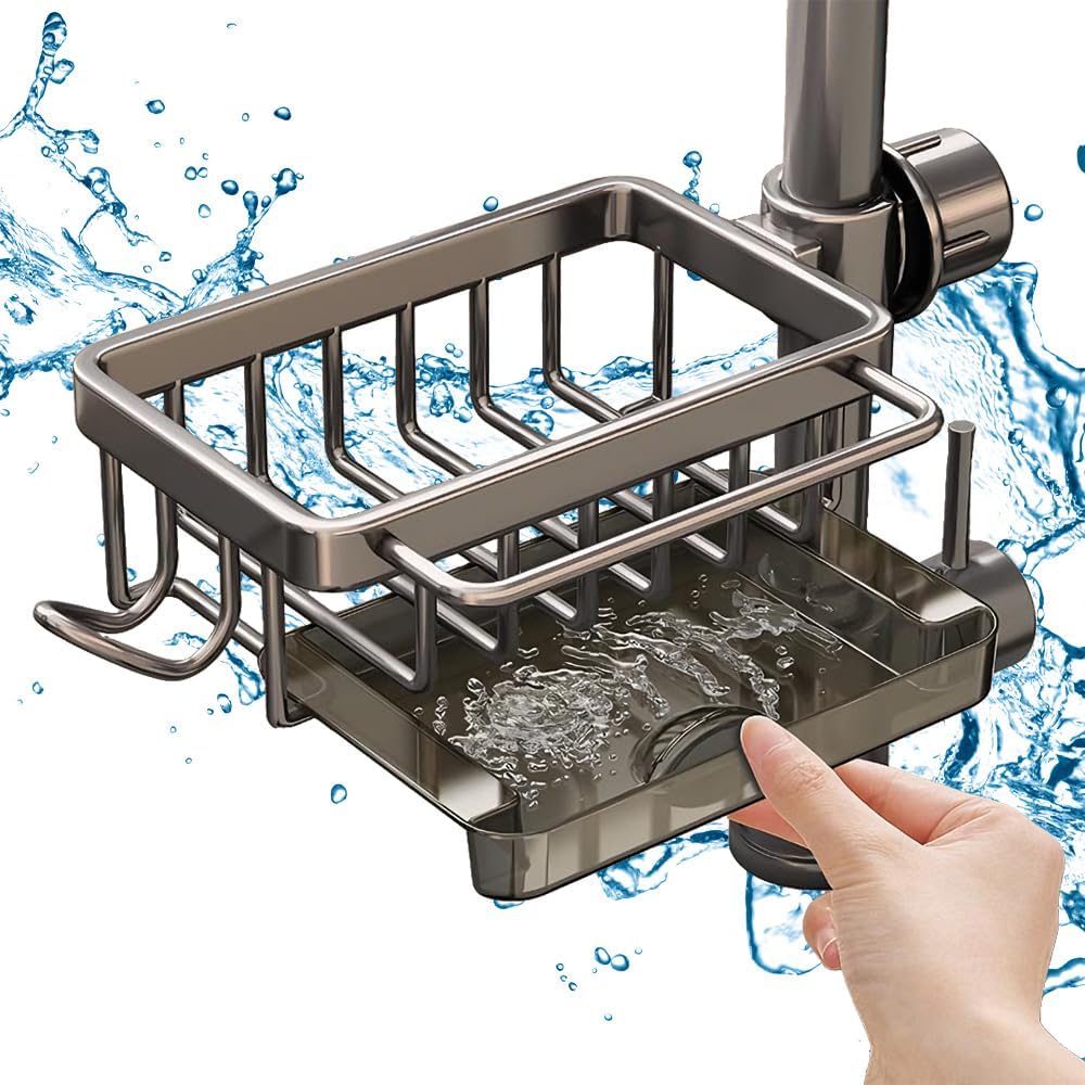 Sink Organizer Rack for Kitchen and Bathroom, 2024 New Kitchen Sink Faucet Organizer with Drip Tray Faucet Sponge Holder (Grey, Left)