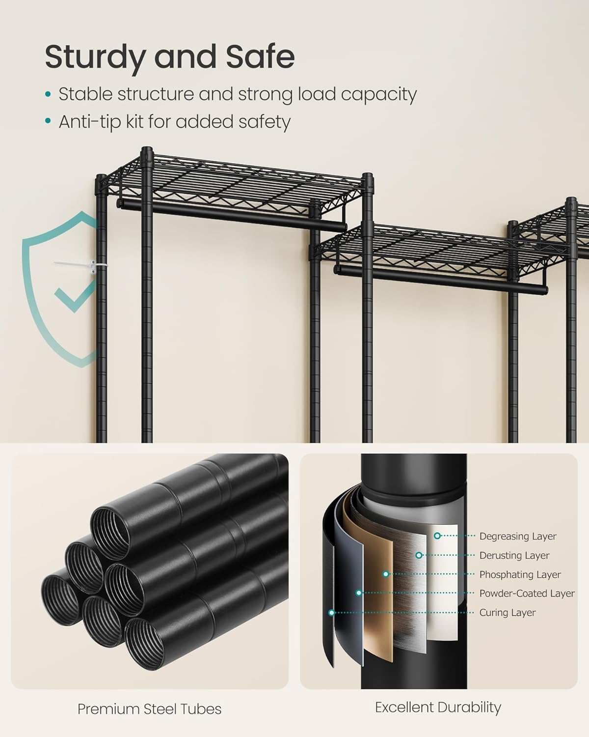 SONGMICS Heavy-Duty Clothes Rack, Garment Rack, Portable Closet, 86.4-Inch Wide Clothing Rack with Adjustable Mesh Shelves and Hanging Rails, Ink Black ULGR434B01