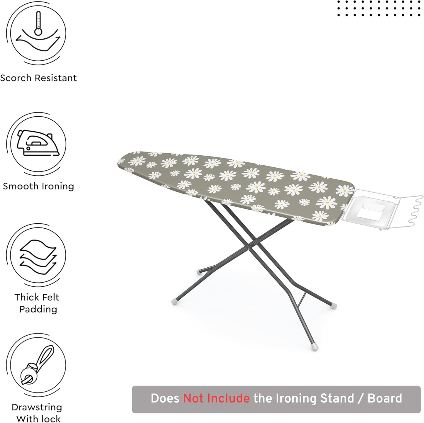 Encasa XO Ironing Board Cover and Pad 54"x15" - Thick 3mm Felt Padding, Drawstring Tightening & Lock, Easy Fit, Scorch & Stain Resistant, Fits Standard Large Ironing Board - Daisy Grey