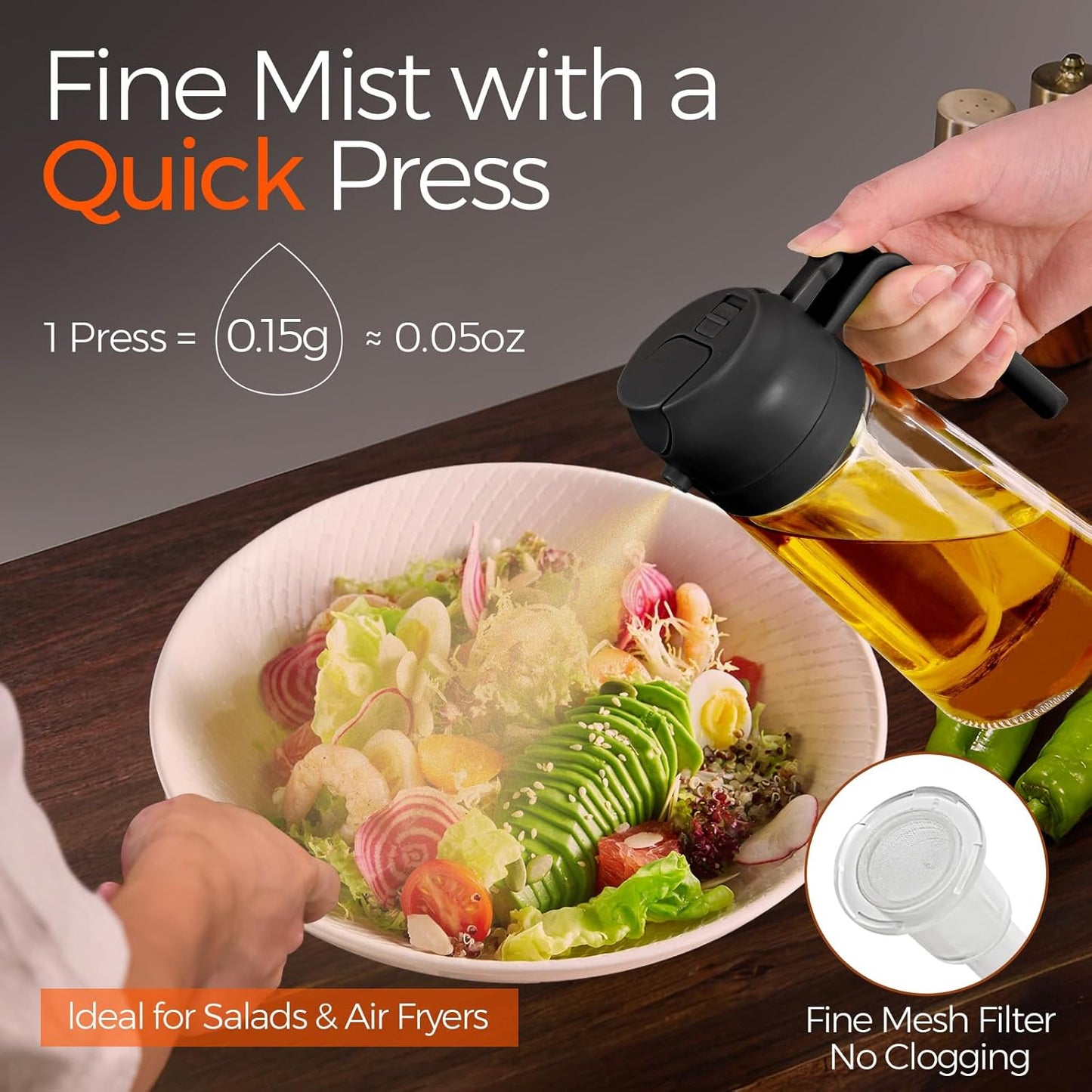 YARRAMATE Olive Oil Dispenser, 2 in 1 Oil Sprayer for Cooking, 16oz/470ml Glass Oil Spray Bottle with Pourer, Food-grade Oil Dispenser and Oil Sprayer for Kitchen, Salad, Frying, BBQ (Black & Green)