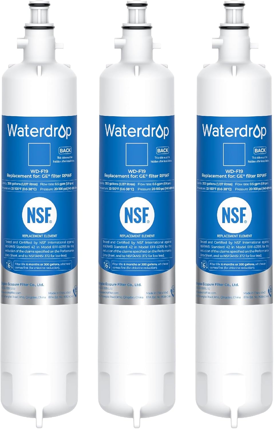 Waterdrop RPWF Refrigerator Water Filter (NOT RPWFE), Replacement for GE® RPWF, DWF-36, R-3600, MPF15350, OPFG3-RF300, WF277, RWF1063, 3 Filters