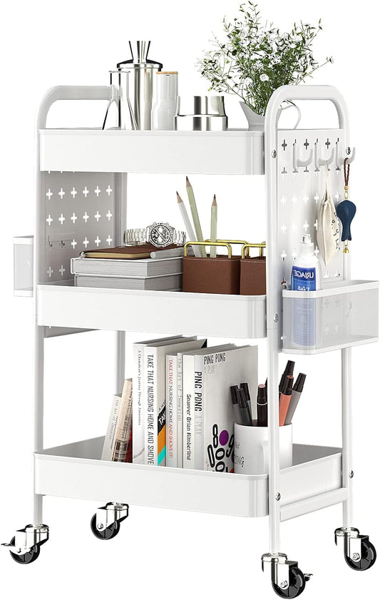 TOOLF 3-Tier Rolling Cart, Metal Utility Storage Cart with DIY Pegboards, Art Craft Trolley with Baskets Hooks, Serving Organizer Easy Assemble for Office, Home, Kitchen, Classroom (White)