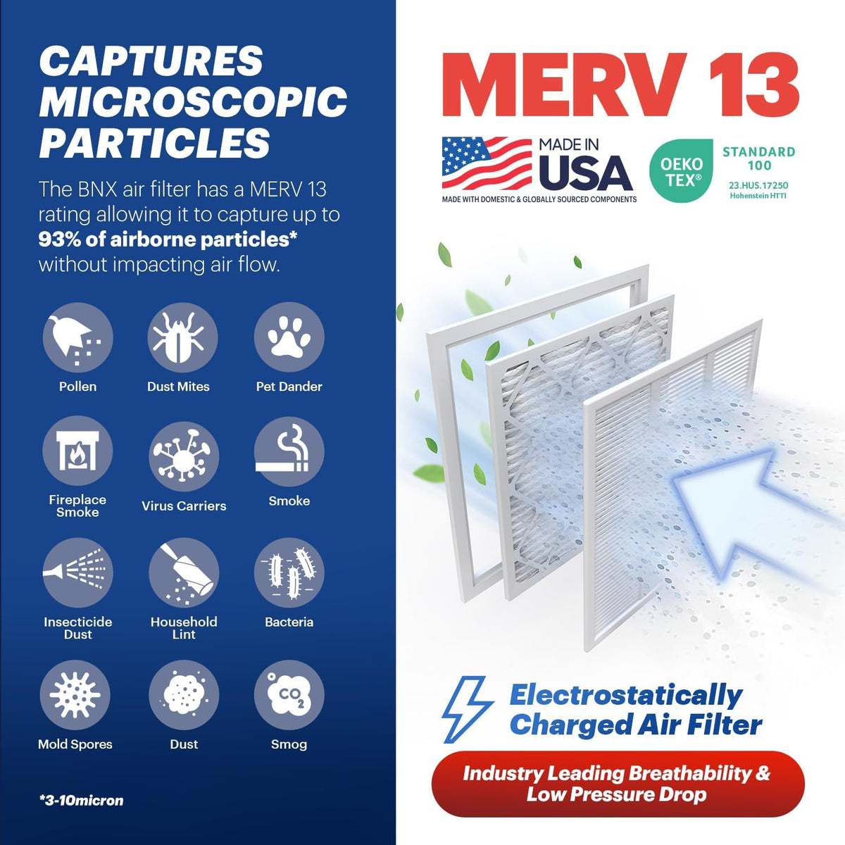 BNX TruFilter 18x18x1 Air Filter MERV 13 (4-Pack) - MADE IN USA - Electrostatic Pleated Air Conditioner HVAC AC Furnace Filters for Allergies, Pollen, Mold, Bacteria, Smoke, Allergen, MPR 1900 FPR 10