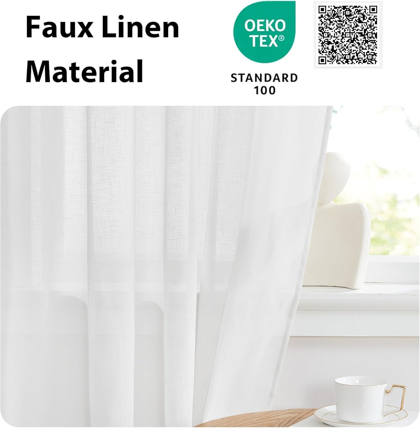 NICETOWN Linen Semi Sheer French Door Panels 80 inch Long, Light Filtering Curtains for Front Glass Back Entry Front Door with Tieback, 36" Wide, 1 Panel, White
