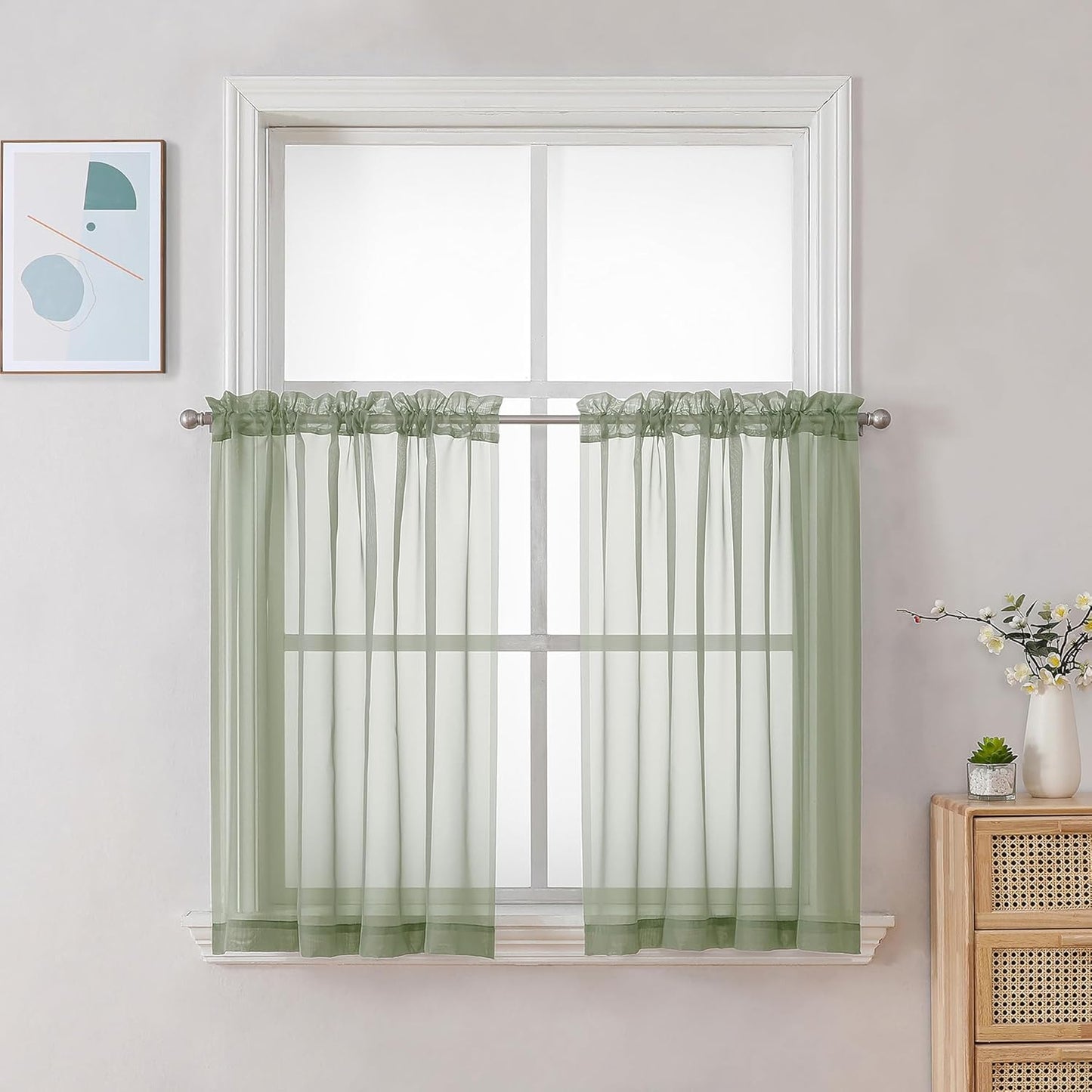 Chyhomenyc Sheer Curtains Tiers 42W x 24L Inches 2 Pieces Set, Light Filtering Small Curtains, Short Bathroom Living Room Cafe Basement Voile Window Curtain, Rod Pocket, Sage Green