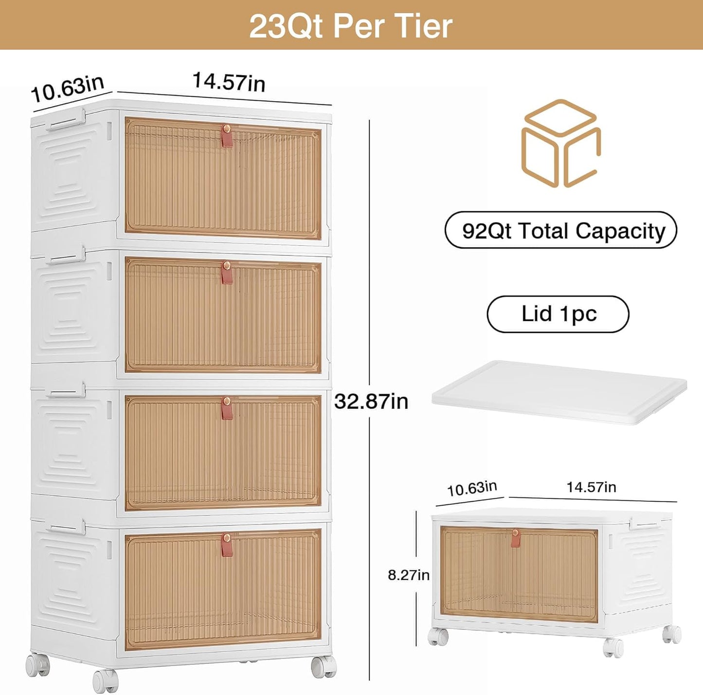 VECELO 4 Tier Storage Bins with Lid, Stackable Storage Boxes with Magnetic Doors & Wheels, Foldable Storage Containers, 23 QT Closet Organizers and Storage for Living Room, Office, Dorm