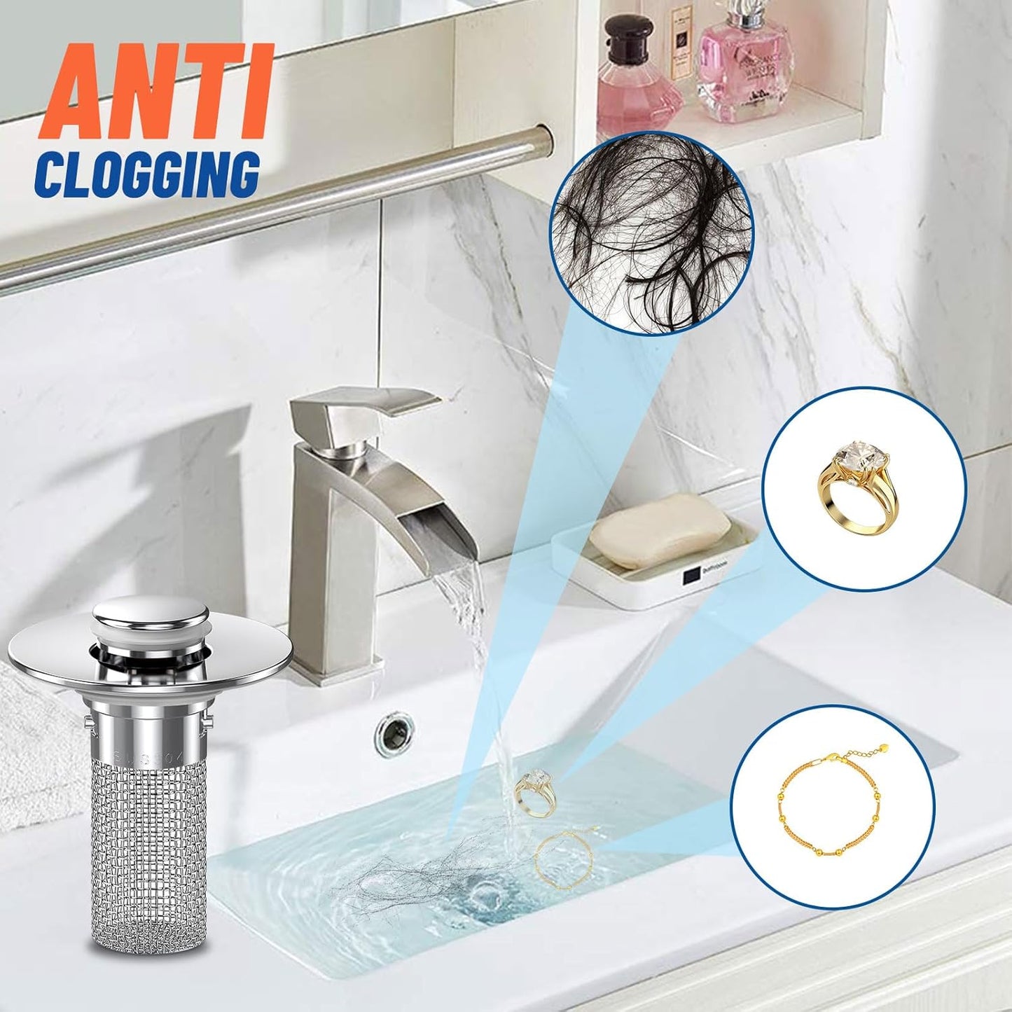 2PC Bathroom Sink Stopper Hair Catcher, Pop Up Sink Drain Filter with Removable Stainless Steel Filter Basket Hair Catcher, for US Bathroom Sink Stopper Replacement.