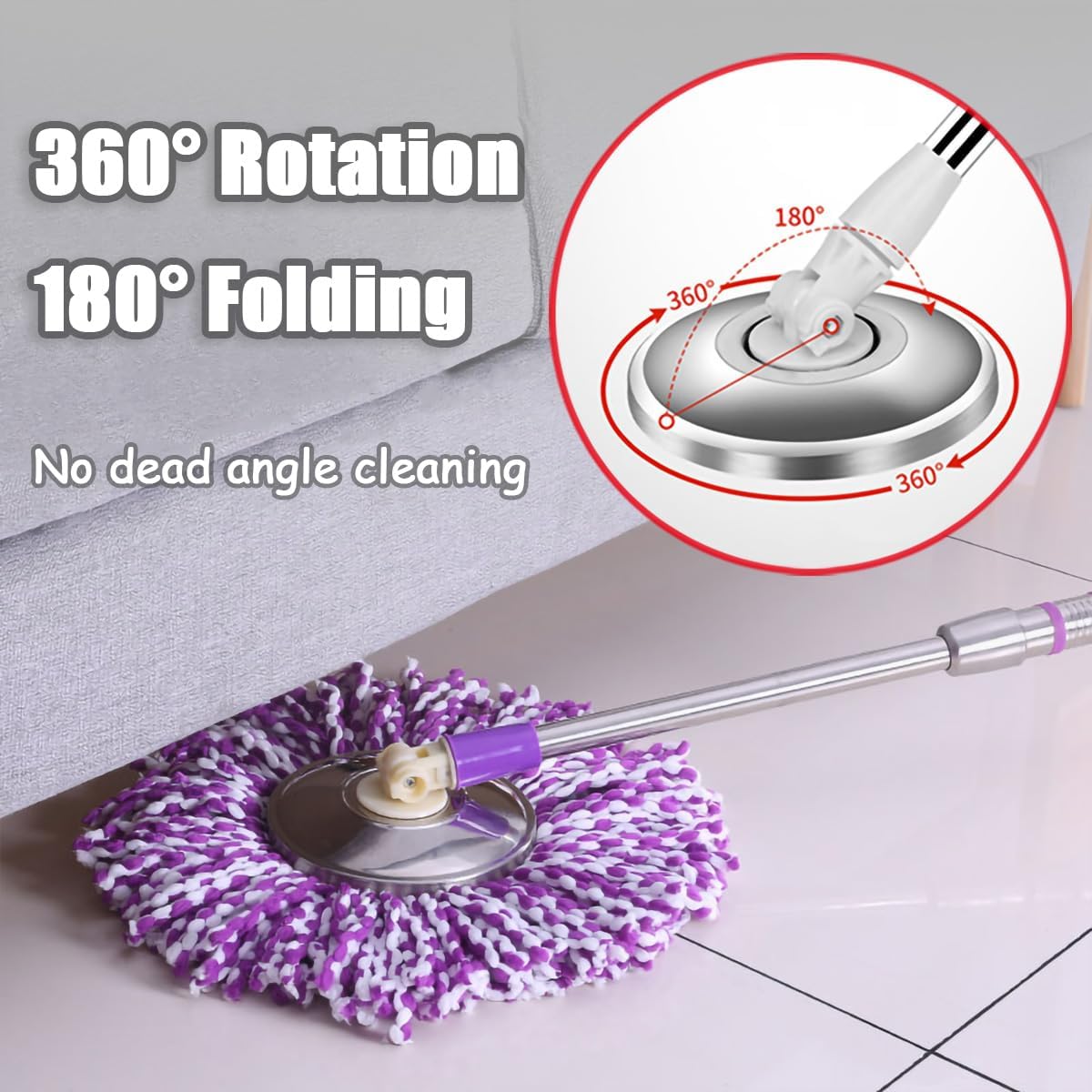Extended Spin Mop Replacement Mop Handle, Upgraded 60-inch 360 Degrees Rotating Telescopic Replacement Mop Stick for Spin Mop Bucket Cleaning System Floor Cleaning (Plastic Disc, Green)