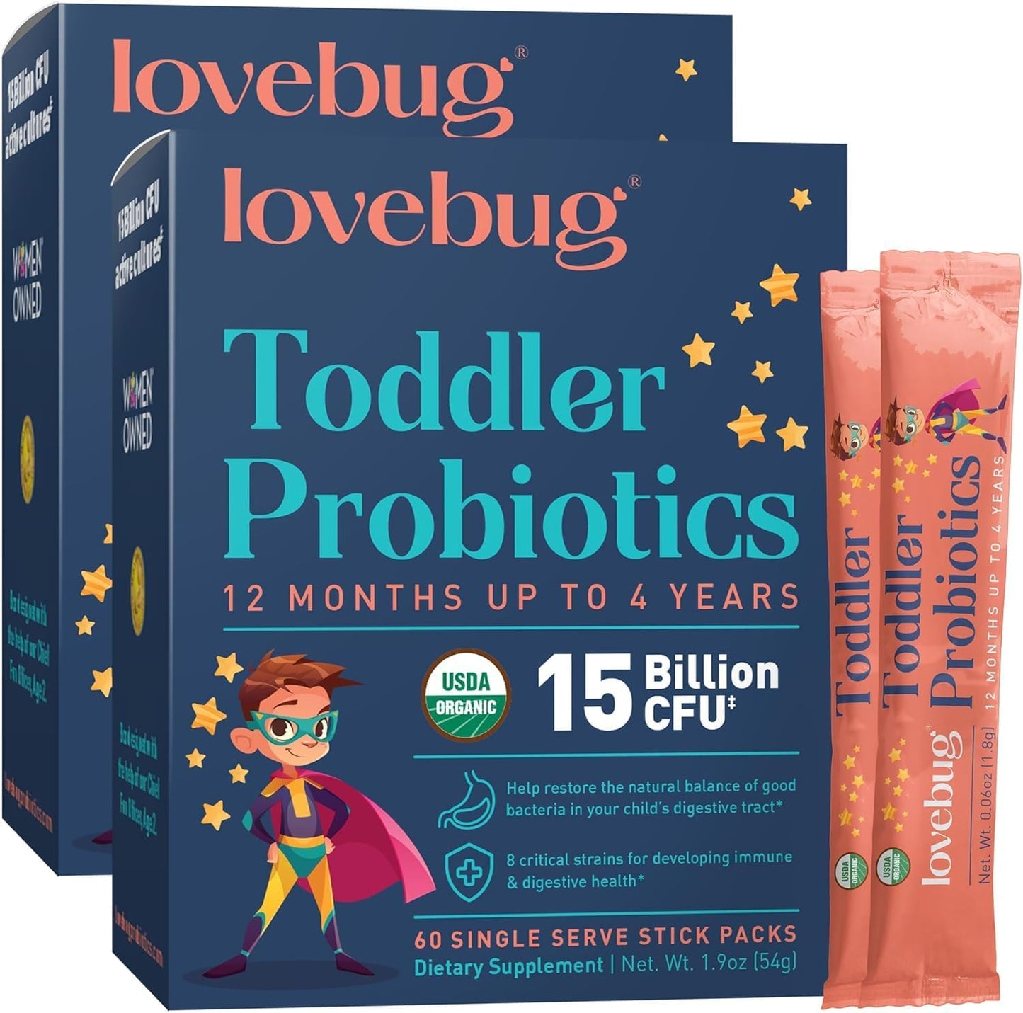 LOVEBUG Kids Probiotic Powder with Prebiotic Fiber - Toddler Immunity Support & Constipation Relief - USDA Organic Probiotics for Childrens Gut & Digestive Health (Ages 1-4) - 60 Pack (Unflavoured)