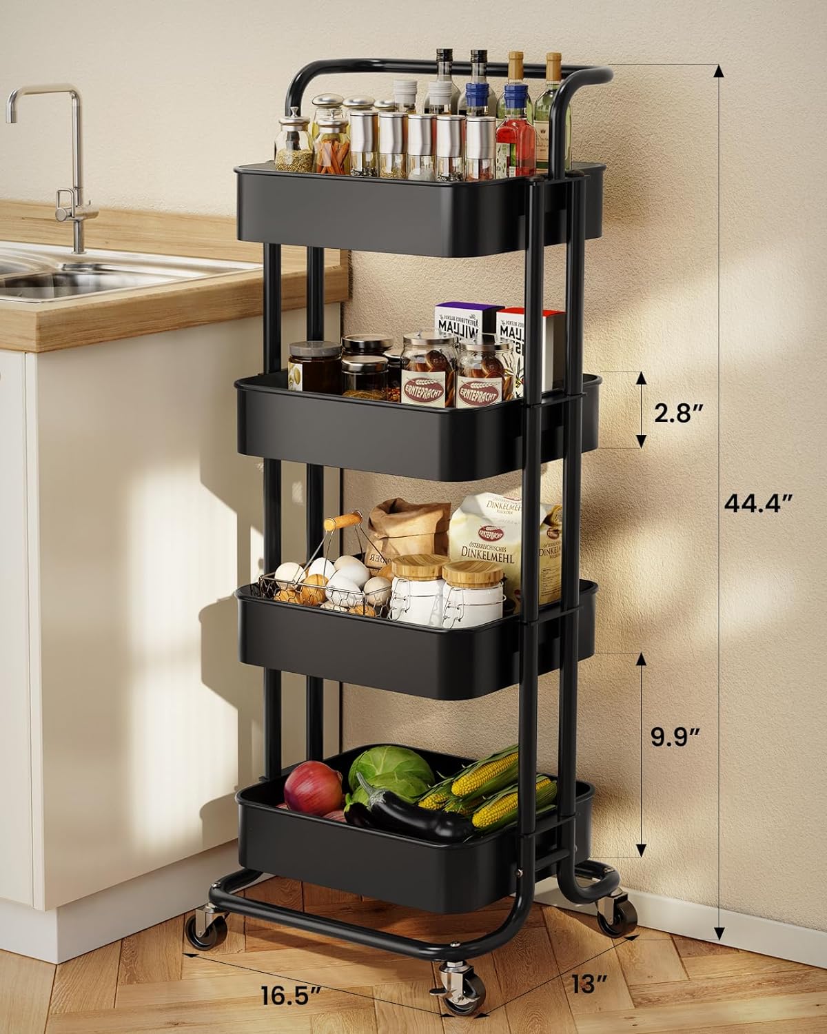 Pipishell 4 Tier Mesh Utility Cart, Rolling Metal Organization Cart with Handle and Lockable Wheels, Multifunctional Storage Shelves for Kitchen Living Room Office White, PIUC12W