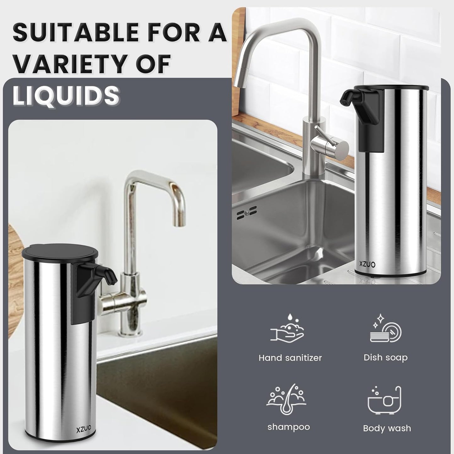 Automatic Soap Dispenser Touchless 11.8oz 4-Level Adjustment Auto Hand Soap Dispenser Stainless Steel Rechargeable for Bathroom Kitchen Hotel(Silver+Silver)