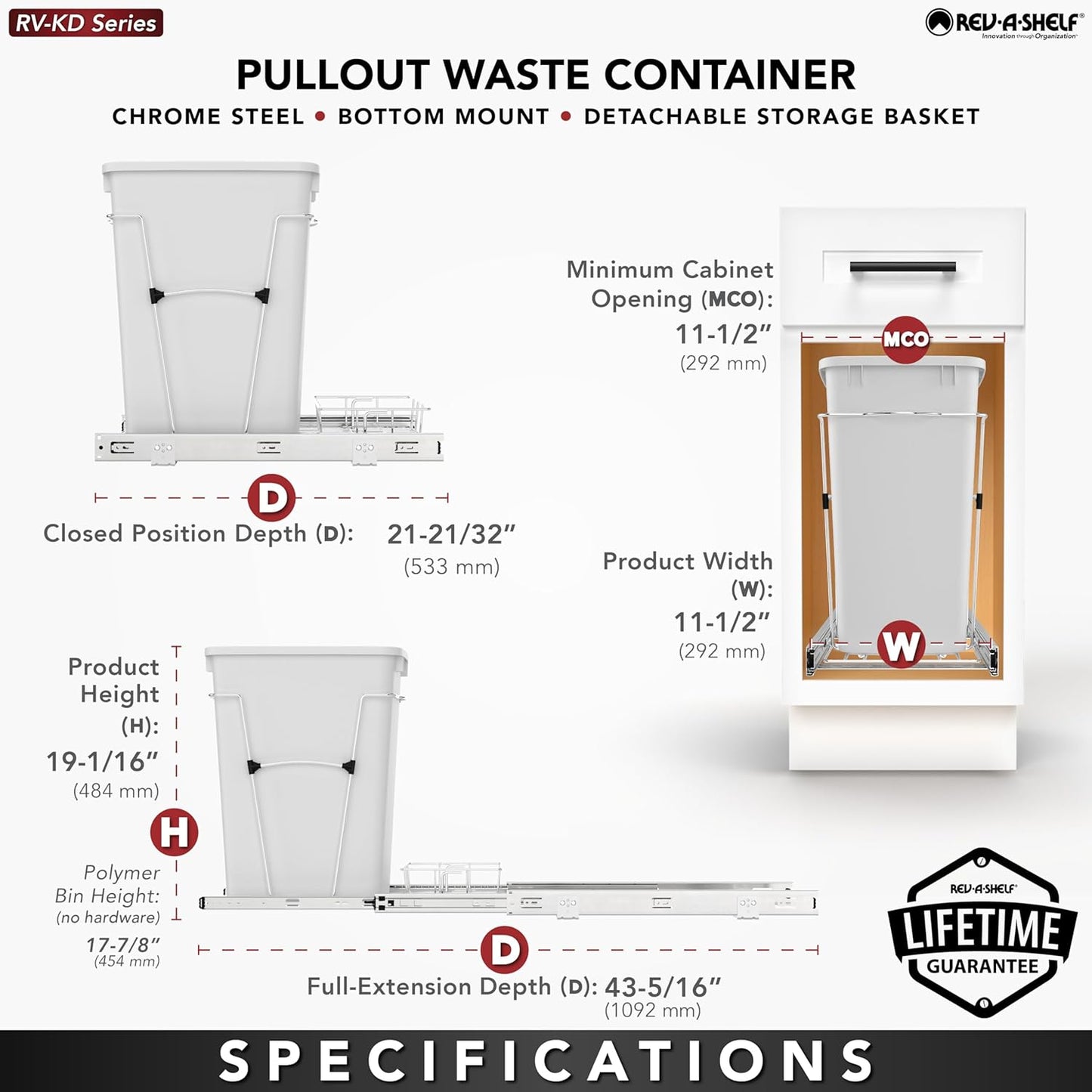 Rev-A-Shelf Pullout Trash Can for Under Kitchen Cabinets 35 Qt Garbage Waste Recyling Bin with Full Extension Slides, Blue, RV-12KD-22C-S