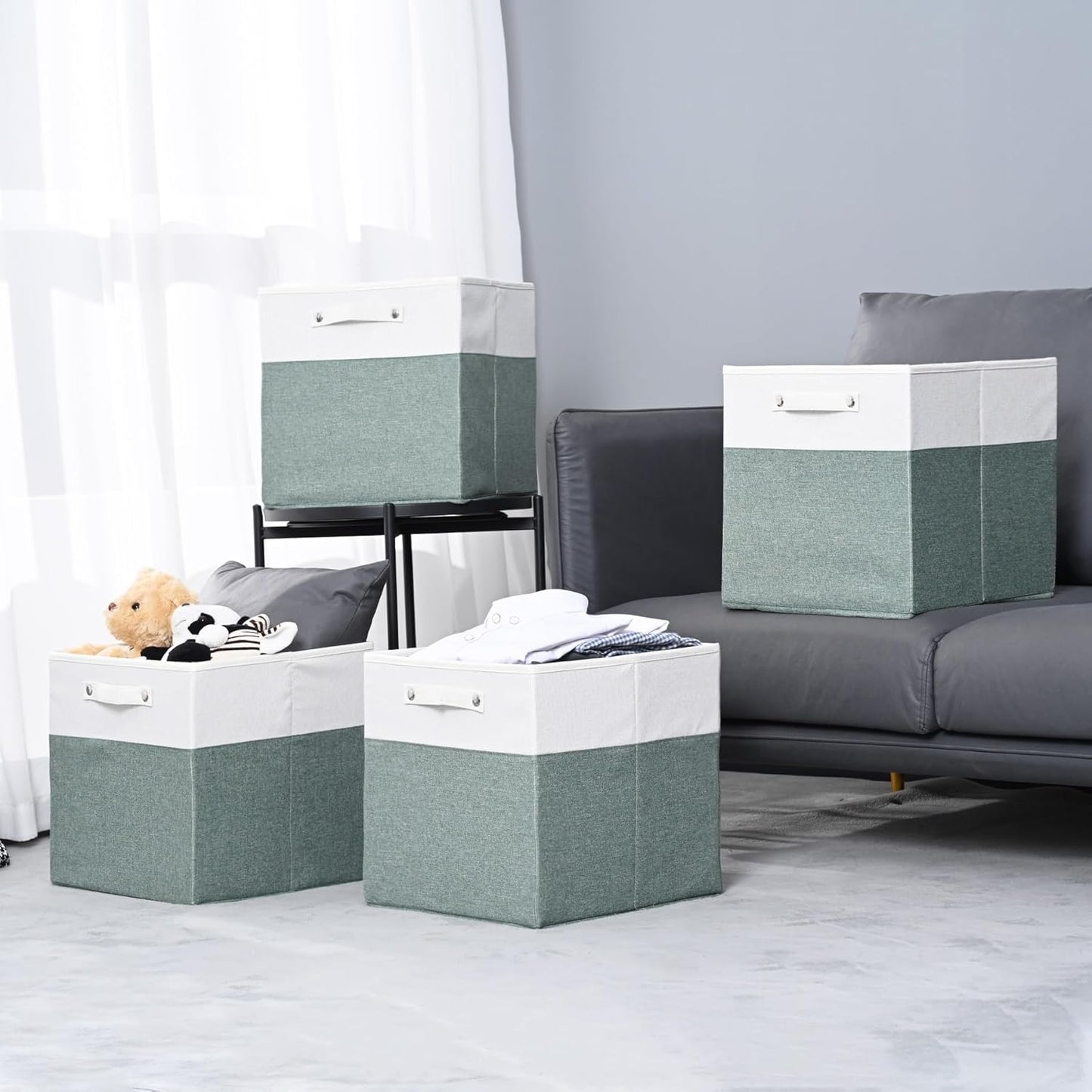 13 x 13 Inch Fine Linen Storage Bins with Handles，Fabric Cube Boxs，Collapsible Basket Organizers for Shelves for Home, Closet Drawers (White/Green-4 Pack )