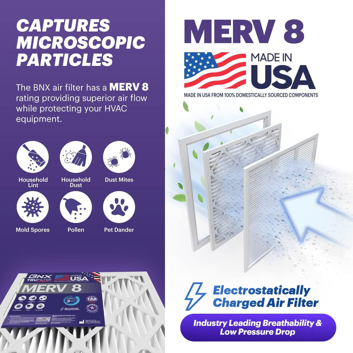 BNX TruFilter 20x24x1 Air Filter MERV 8 (6-Pack) - MADE IN USA – Dust & Pet Defense Electrostatic Pleated Air Conditioner HVAC AC Furnace Filters for Dust, Pet, Mold, Pollen MPR 600 – 700 & FPR 5