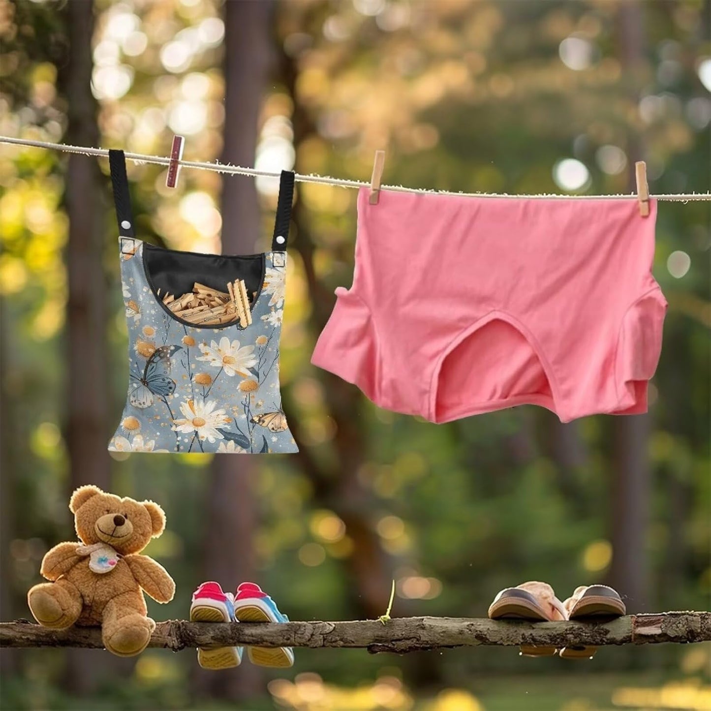 Butterfly Clothespin Bag with Hanging Rope 14.5 x 12 Inch Summer Waterproof Laundry Clothes Pin Holder Clothespin Storage Organizer with Large Opening for Home Outdoor
