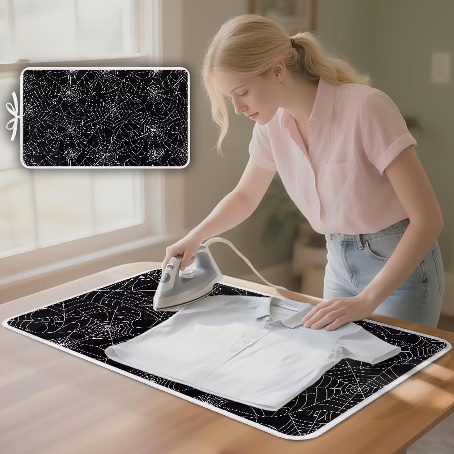 Spider Web Ironing Mat Black Heat Resistant Ironing Blanket Thick Portable Travel Ironing Pad for Table Top Washer and Dryer,Large Foldable Ironing Padding 32 x 16 Inch