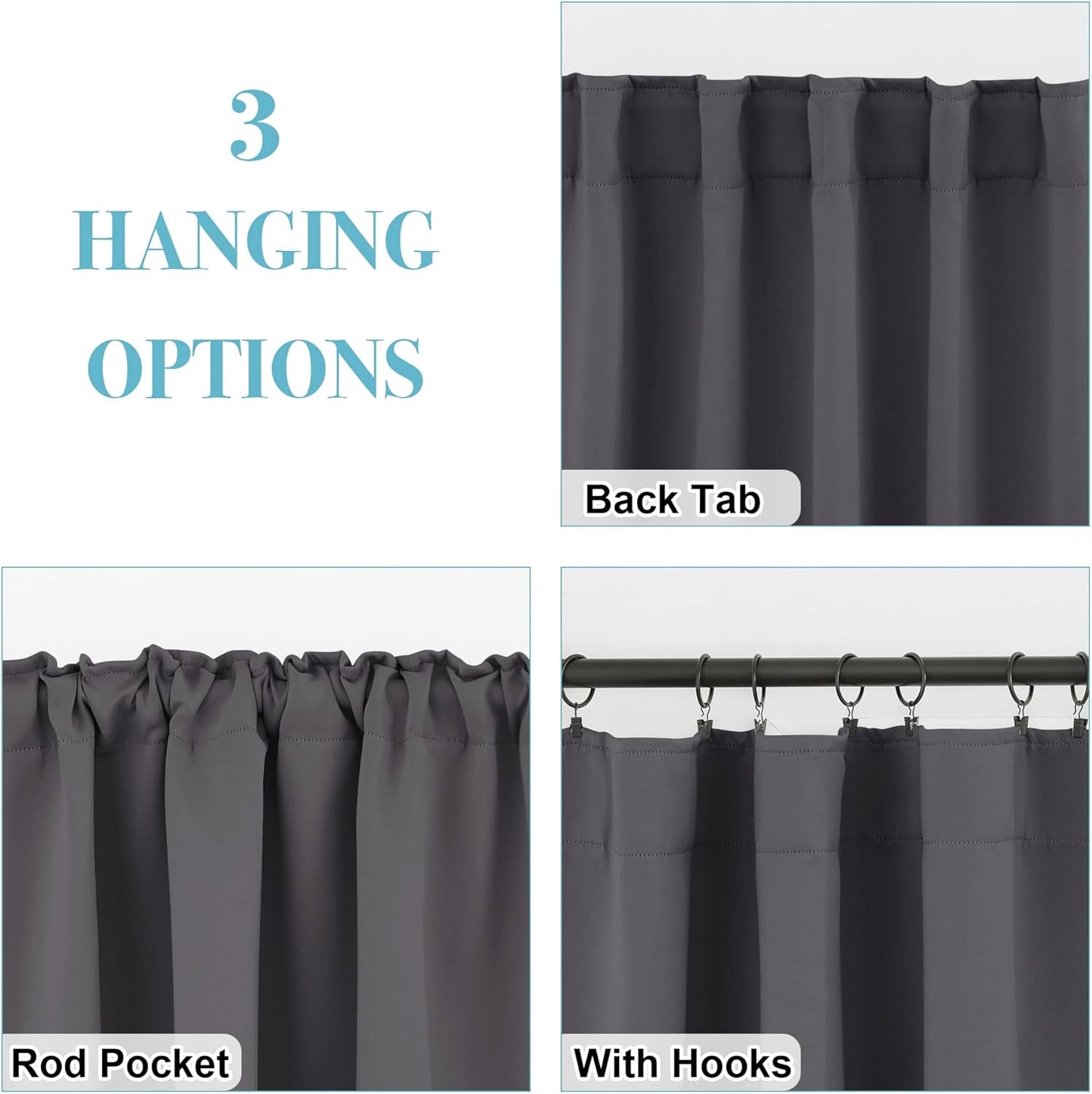 RYB HOME Blackout Curtains for Bedroom - Thermal Insulated Light Block Window Curtains, Back Tab Top Kitchen Drape Panels, Wide 42 x Long 45, Grey, 1 Pair