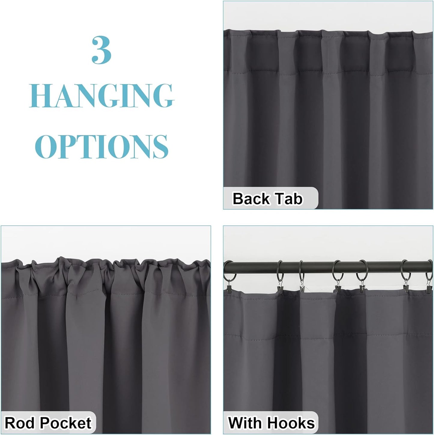 RYB HOME Blackout Curtains for Living Room, Back Tab & Rod Pocket Top Insulating Window Decor for Bedroom Dining Sliding Glass Door Home Office, W 62 x L 84, Grey, 2 Panels