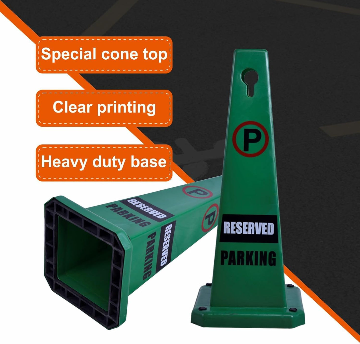 8-Pack 26.5" Caution Cones, 4-Sided Visible Safety Signs with Heavy Rubber Base, Warning for Slip & Fall Prevention, Indoor/Outdoor Use (Green, 8Pcs-Reserved Parking)