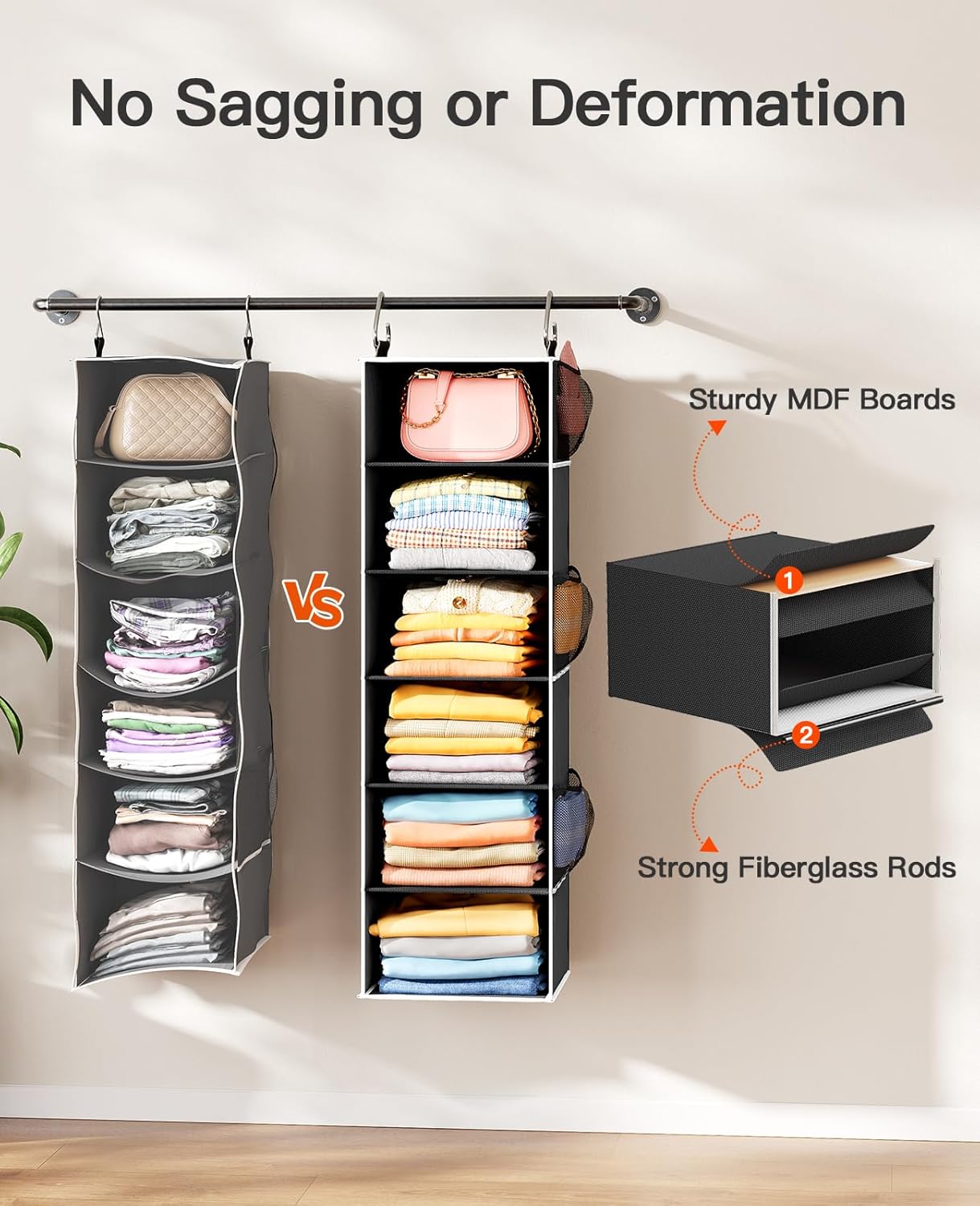 Pipishell Hanging Closet Organizer 6-Shelf, Hanging Shelves for Closet with 3 Removable Drawers & Side Pockets, Hanging Shelf Organizer for Bedroom or Garment Rack, 12'' x 12'' x 43.3'', Black