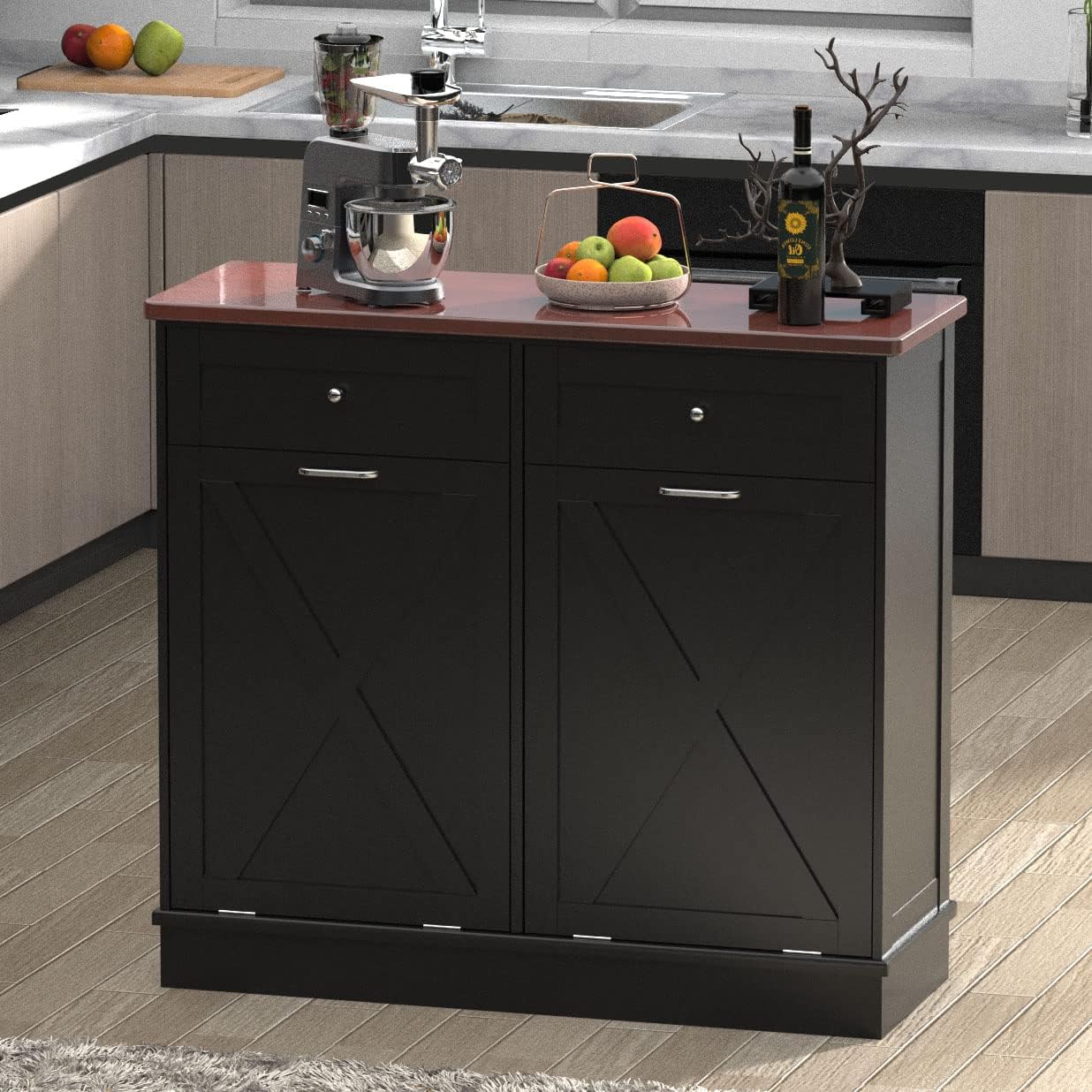 Betterhood Double Tilt Out Trash Cabinet 20 Gallon Wooden Free Standing Laundry Sorter Cabinet,Recycling Cabine with Hideaway Drawer,Tilt Out Trash Cabine Can Bin Kitchen (Black)