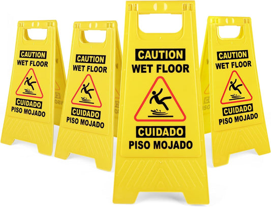 XPCARE 24 Inches Caution Wet Floor Sign,4PACK Yellow Bilingual Double-Sided Safety Warning Signs,A Frame Safety Wet Floor Signs Commercial