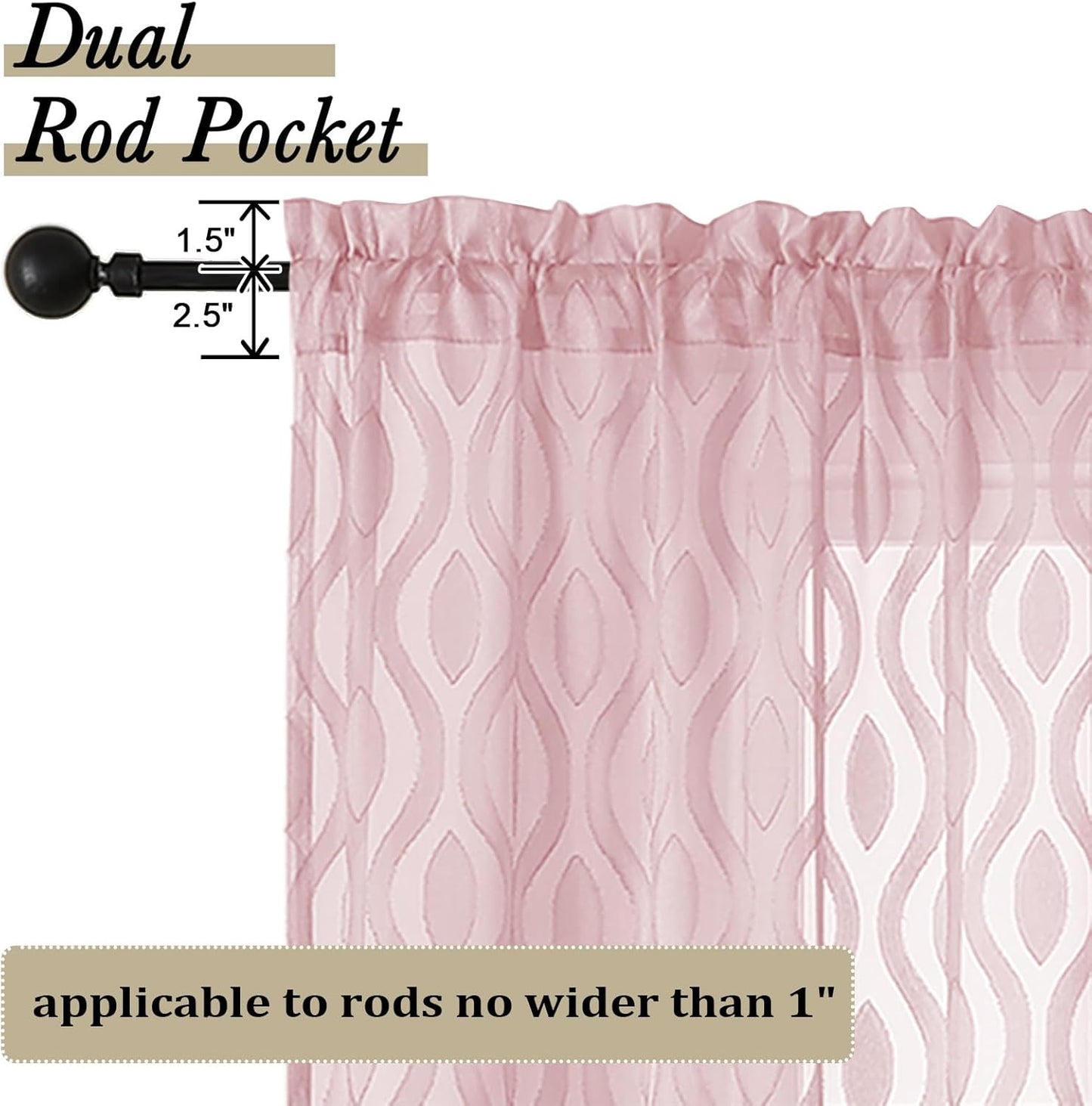 Aiyufeng Pink Curtains Kitchen 14 Inch Length, Clip Jacquard Chic Wavy Line Blush Valances for Windows, Lightweight Airy Rod Pocket Short Curtains for Bathroom Basement, 2 PCS, 40" Wx14 L Inches
