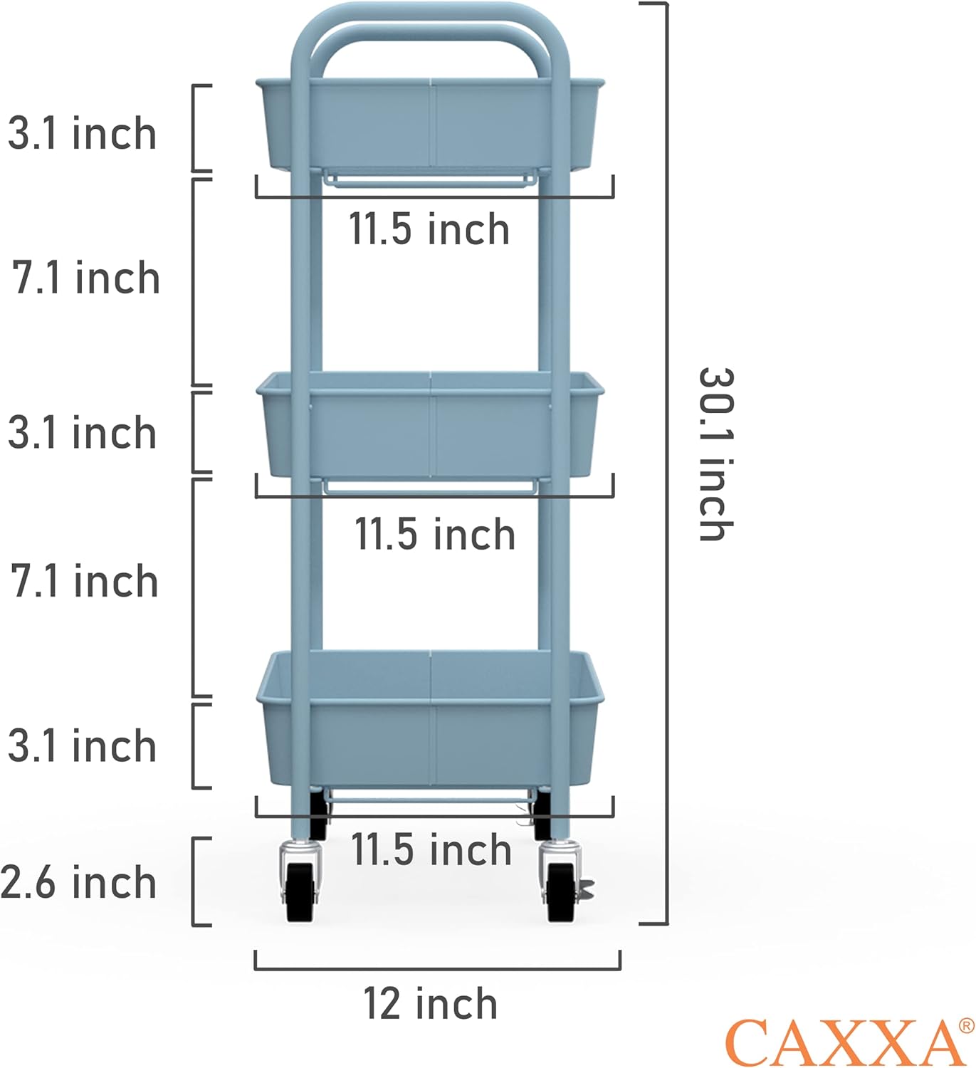 CAXXA 3-Tier Rolling Metal Storage Organizer - Mobile Utility Cart with Caster Wheels, Blue