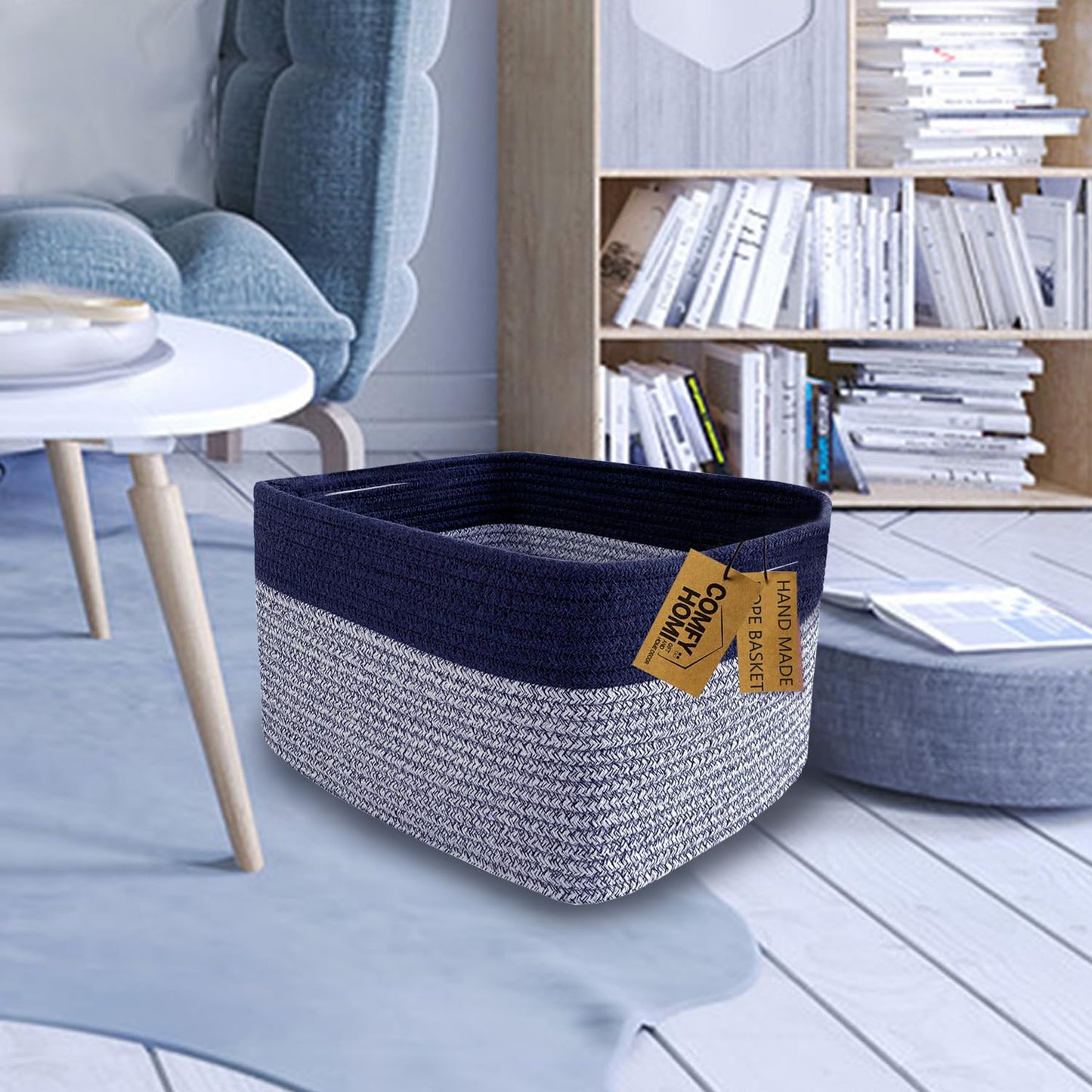 COMFY-HOMI 3PACK Rectangular Cotton Rope Basket With Handles for Shelves|Dog Toy|Baby Gift - Dark Blue (13.5" x 11" x 9.5")