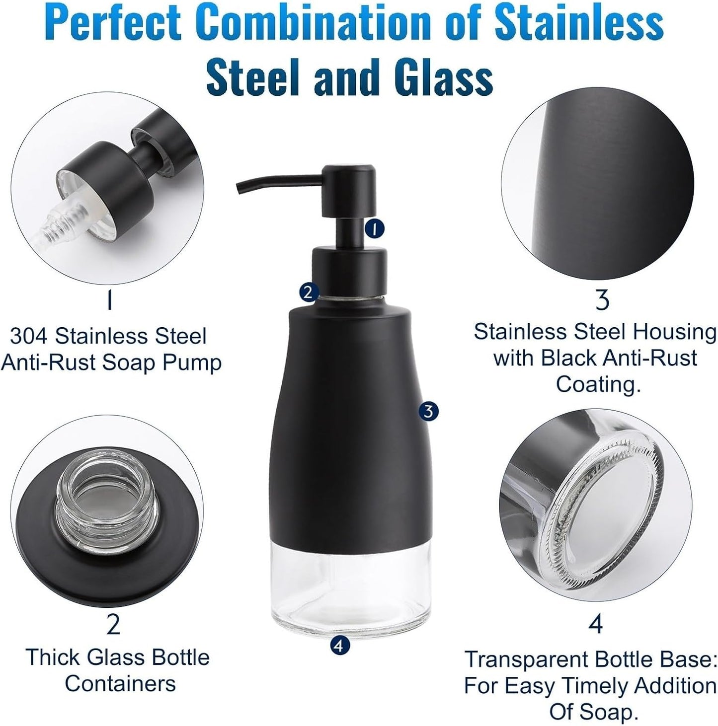 Gaussra Black Soap Dispenser with Coaster and Stickers, Dish Soap Dispenser for Kitchen, Hand Soap Dispenser for Bathroom, 304 Stainless Steel Glass Lotion Dispenser (2 Pack)